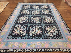 Chinese Needlepoint Rug 8 x 11.4, Hand-Woven Area Carpet, Flatweave Rug, Black Blue Light Violet Floral Garden European Design Wool Aubusson - Jewel Rugs