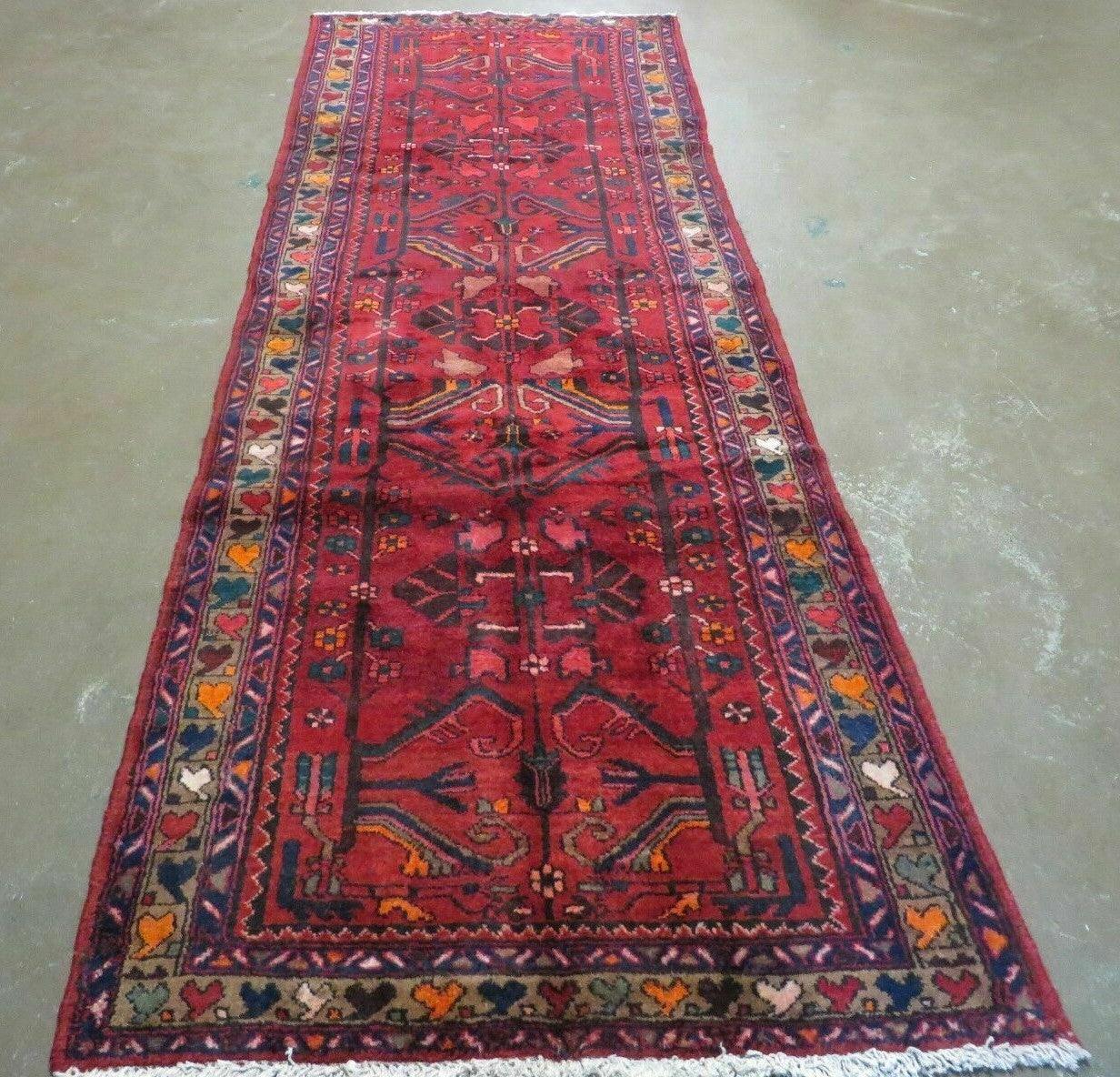 Persian Runner Rug 3.4 x 9.7, Persian Nahavand Hamadan Runner, Antique Wool Oriental Tribal Runner, Handmade Hand Knotted Runner, Red Navy Blue, Hallway Kitchen Runner - Jewel Rugs