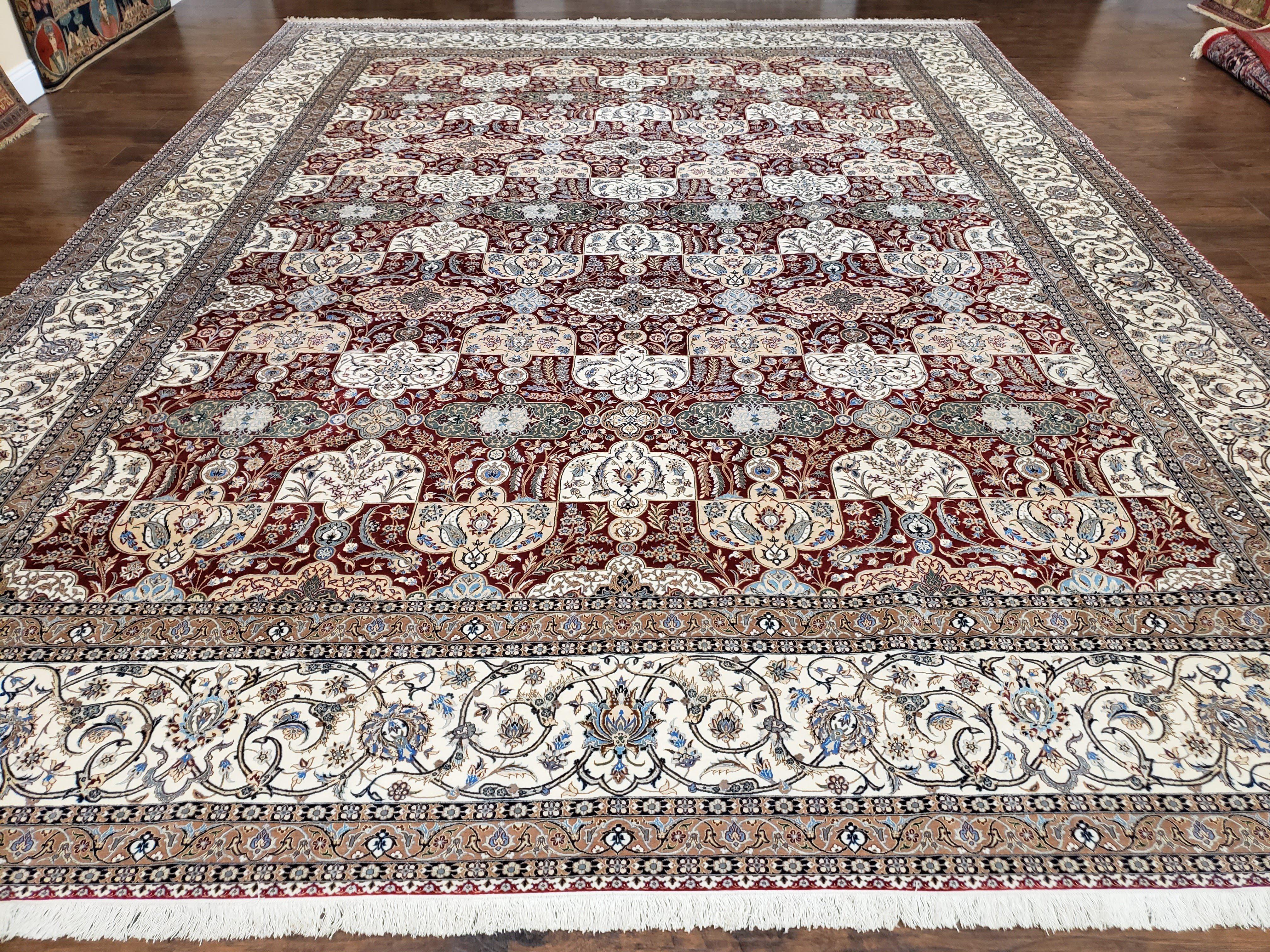 Vintage Persian Nain, Wool on Silk Foundation, Ivory & Maroon, Hand-Knotted, 11' 1" x 14' 9" - Jewel Rugs