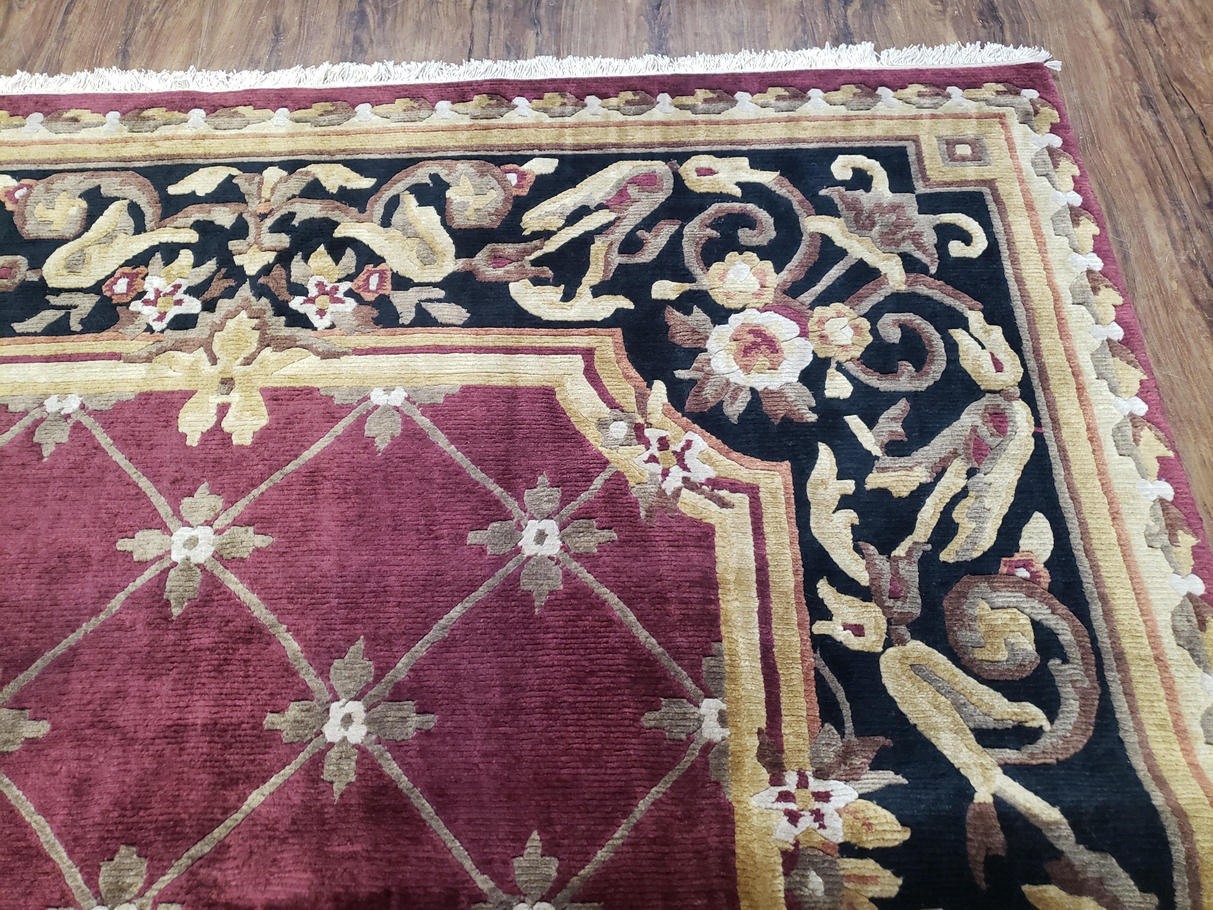 Vintage Aubusson Rug 6x9, Hibiscus Red Black & Gold Wool Hand-Knotted Carpet, 6 x 9 Small Elegant Dinning Room Area Rug, New Zealand Wool - Jewel Rugs