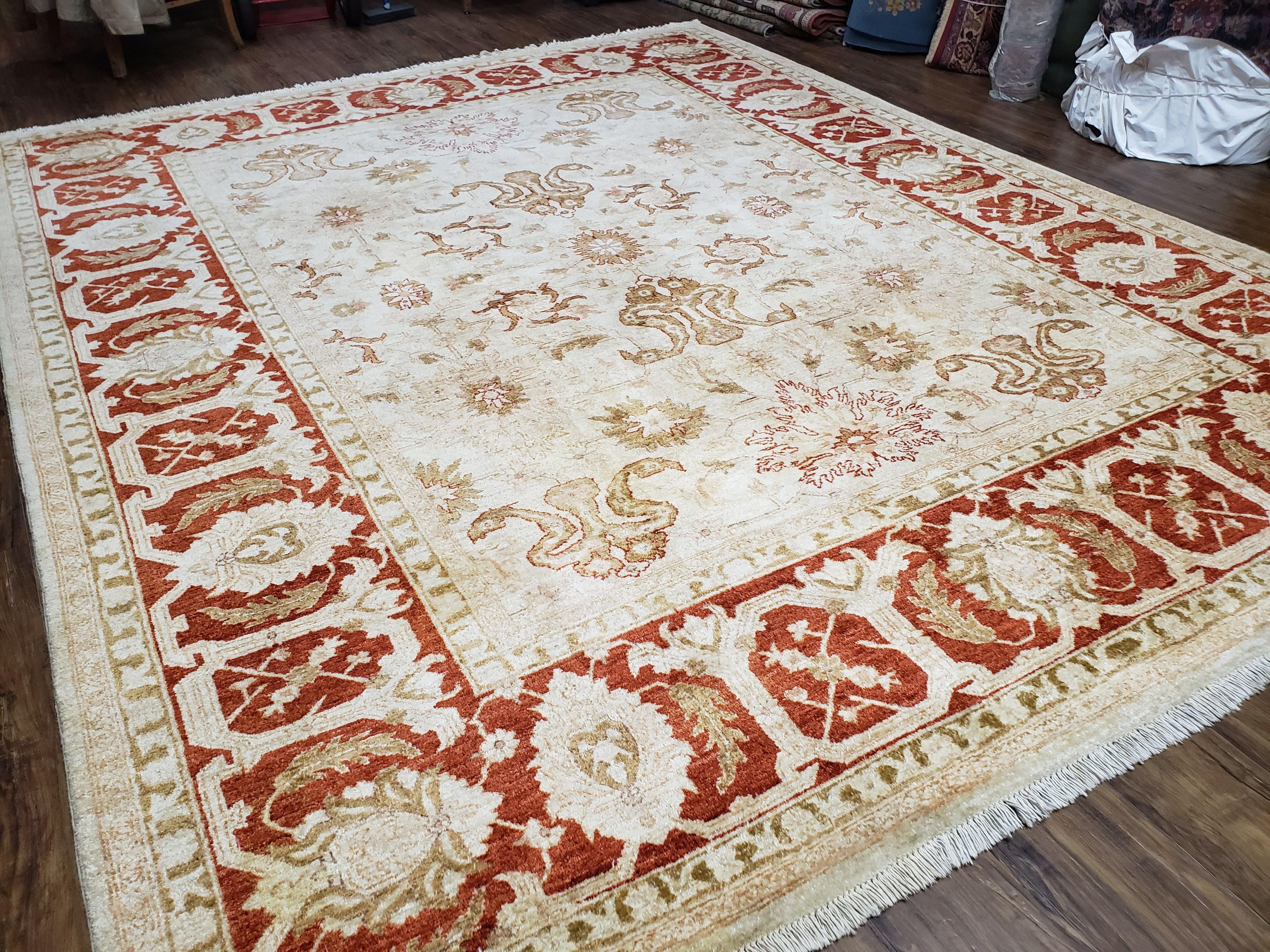 9' X 11' Handmade Beige and Red Floral Mahal Wool Rug - Jewel Rugs