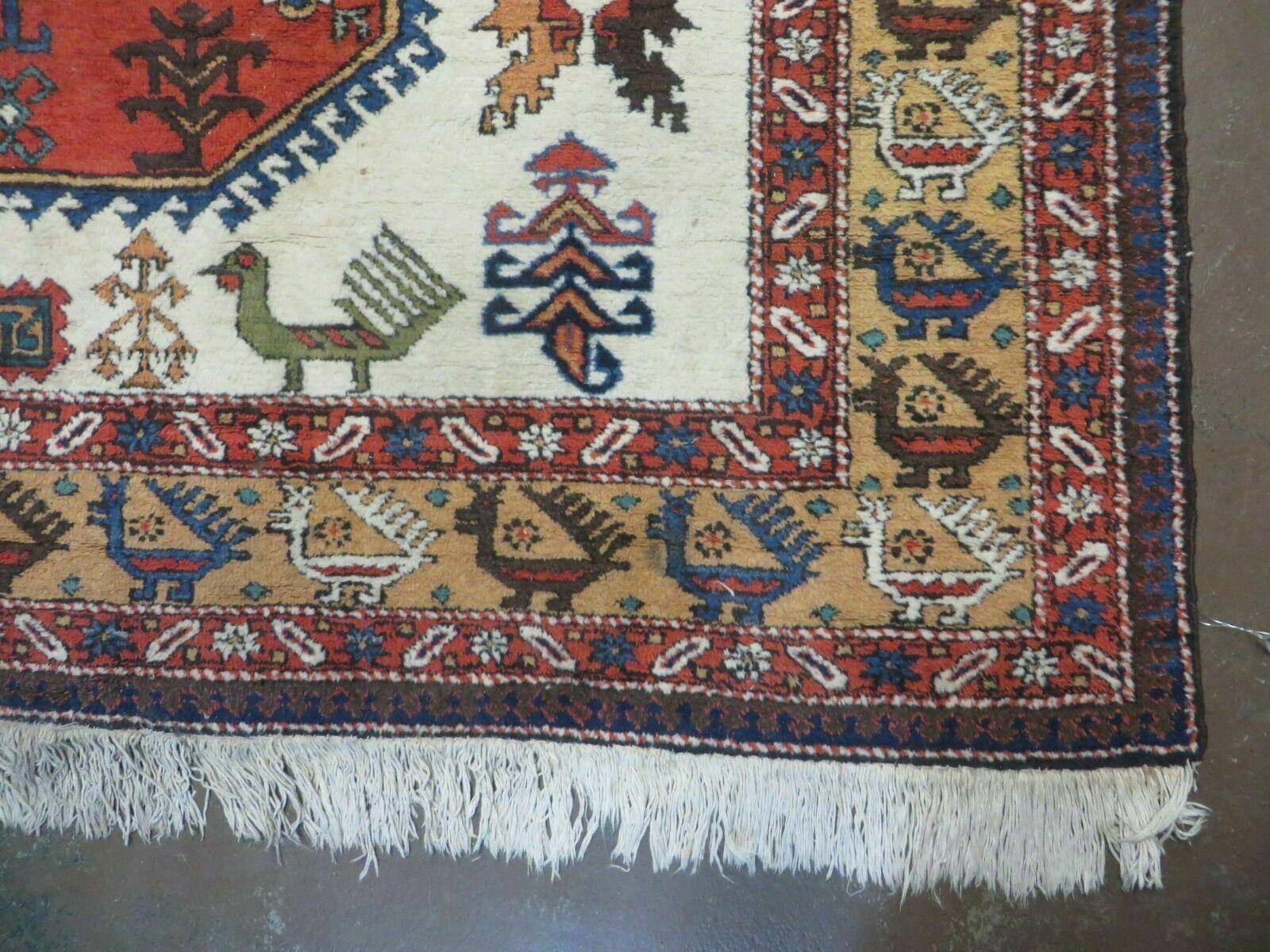 7' X 10' Vintage Handmade Knotted Turkish Wool Rug Birds Animal Ivory Organic - Jewel Rugs