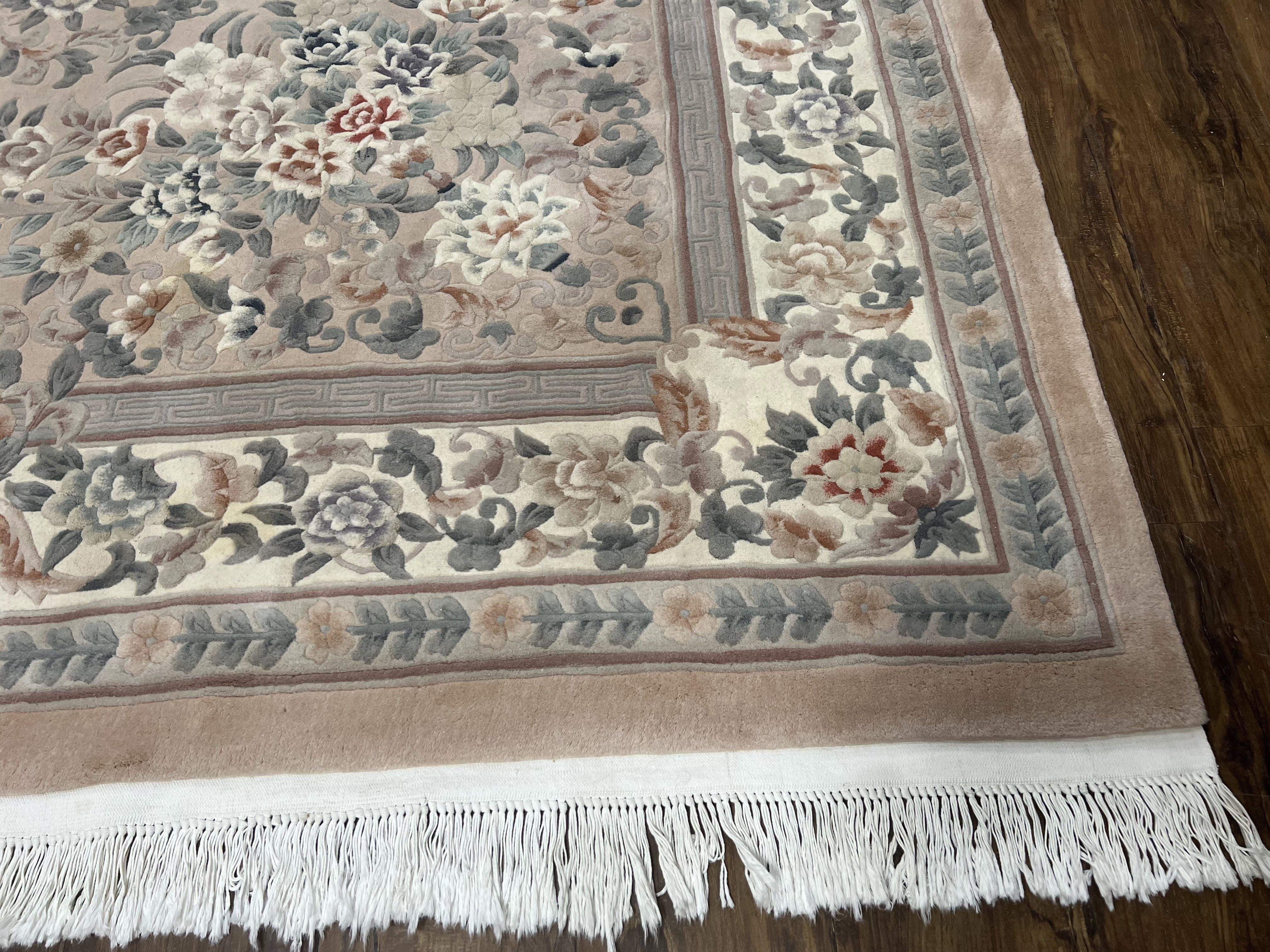 Chinese Carving Rug 8x10 Wool Rug, Vintage Rug 8 x 10, Floral Allover, 120 Line Chinese Carpet, Gray/Silver Teal Ivory/Cream, Art Deco Rug - Jewel Rugs