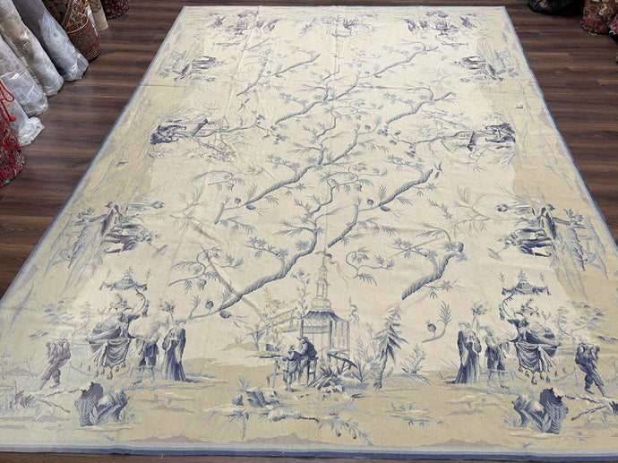 Chinese Needlepoint Rug 9x13, Vintage Handwoven Handmade Flatweave Carpet 9 x 13, Asian Motifs, Off-White/Beige Blue Gray, Wool Area Rug - Jewel Rugs