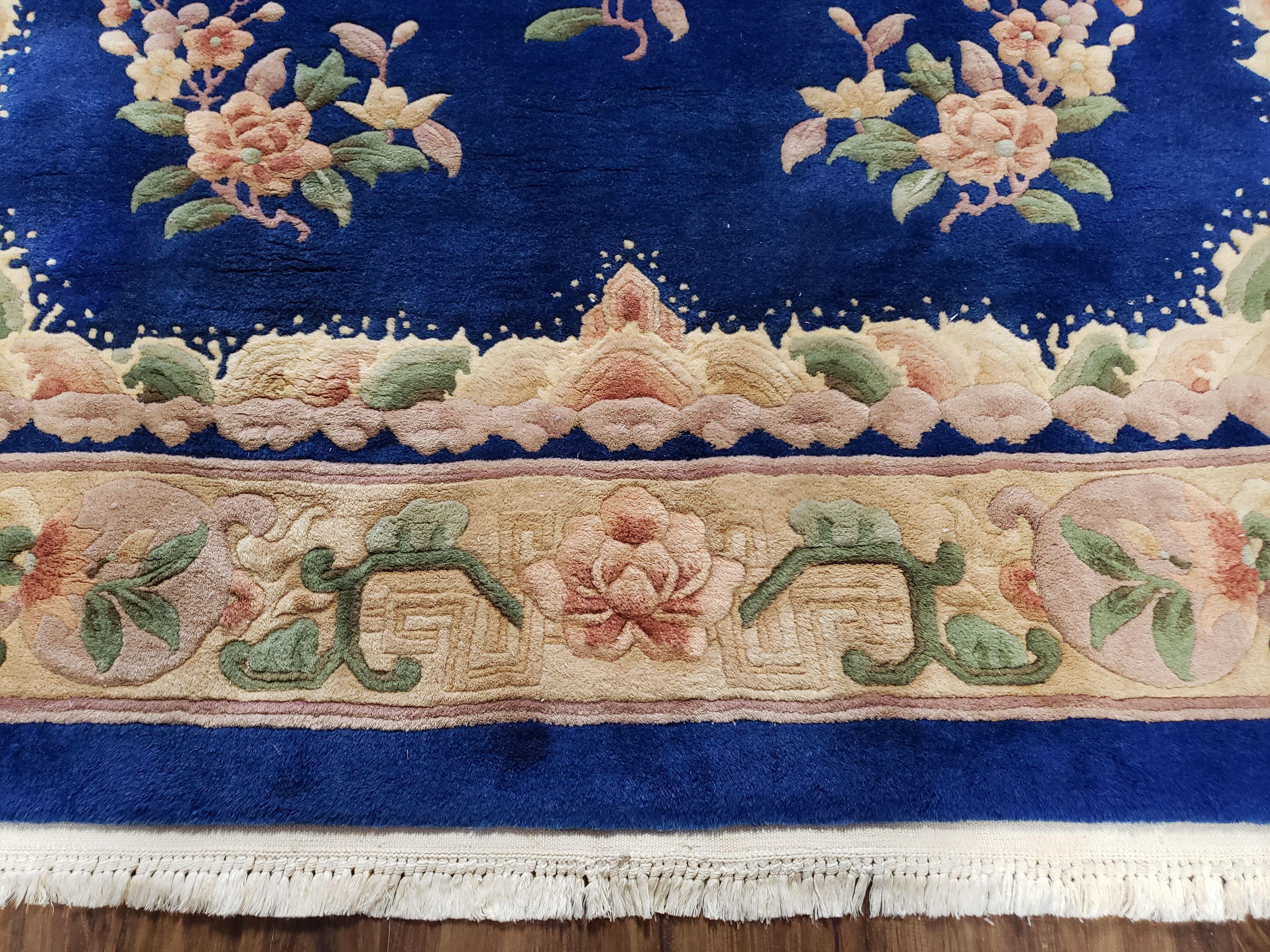 Blue Chinese Rug Vintage 6x9 Carpet, Chinese Dragon Medallion, Blue & Beige, Hand-Knotted, Soft Wool Pile, Art Deco Rug, Chinese Carving Rug - Jewel Rugs