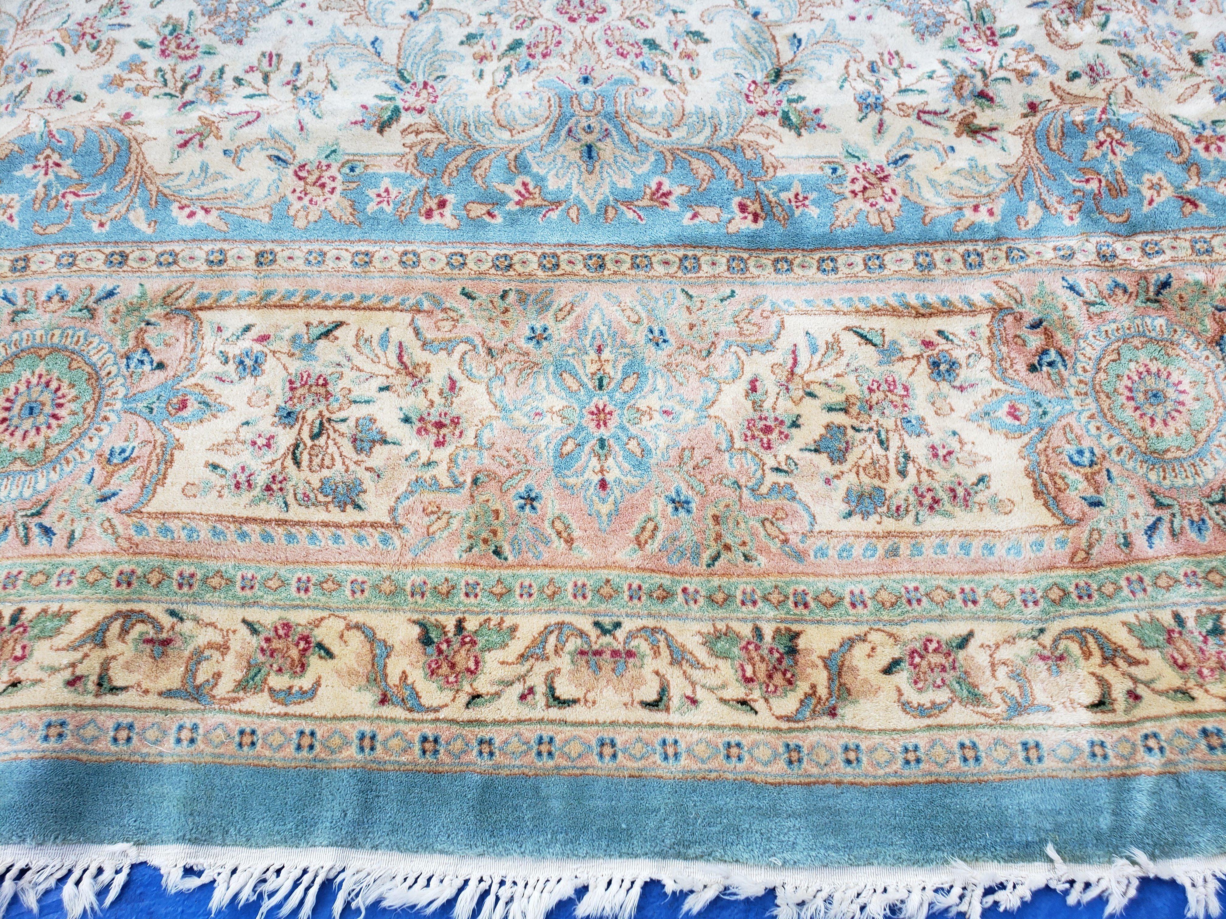 Vintage Oversized Persian Kirman Rug, Hand-Knotted, Wool, Light Blue and Ivory, 12' x 20' - Jewel Rugs