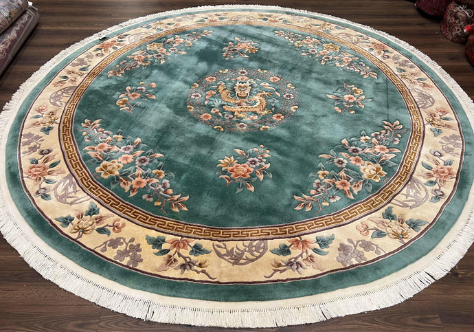 9ft Round Chinese Wool Rug, Vintage 1960s Chinese Dragon Carpet, 9x9 Round Rug, Green and Cream Floral Rug, Soft Plush Pile 90 Line Floral - Jewel Rugs