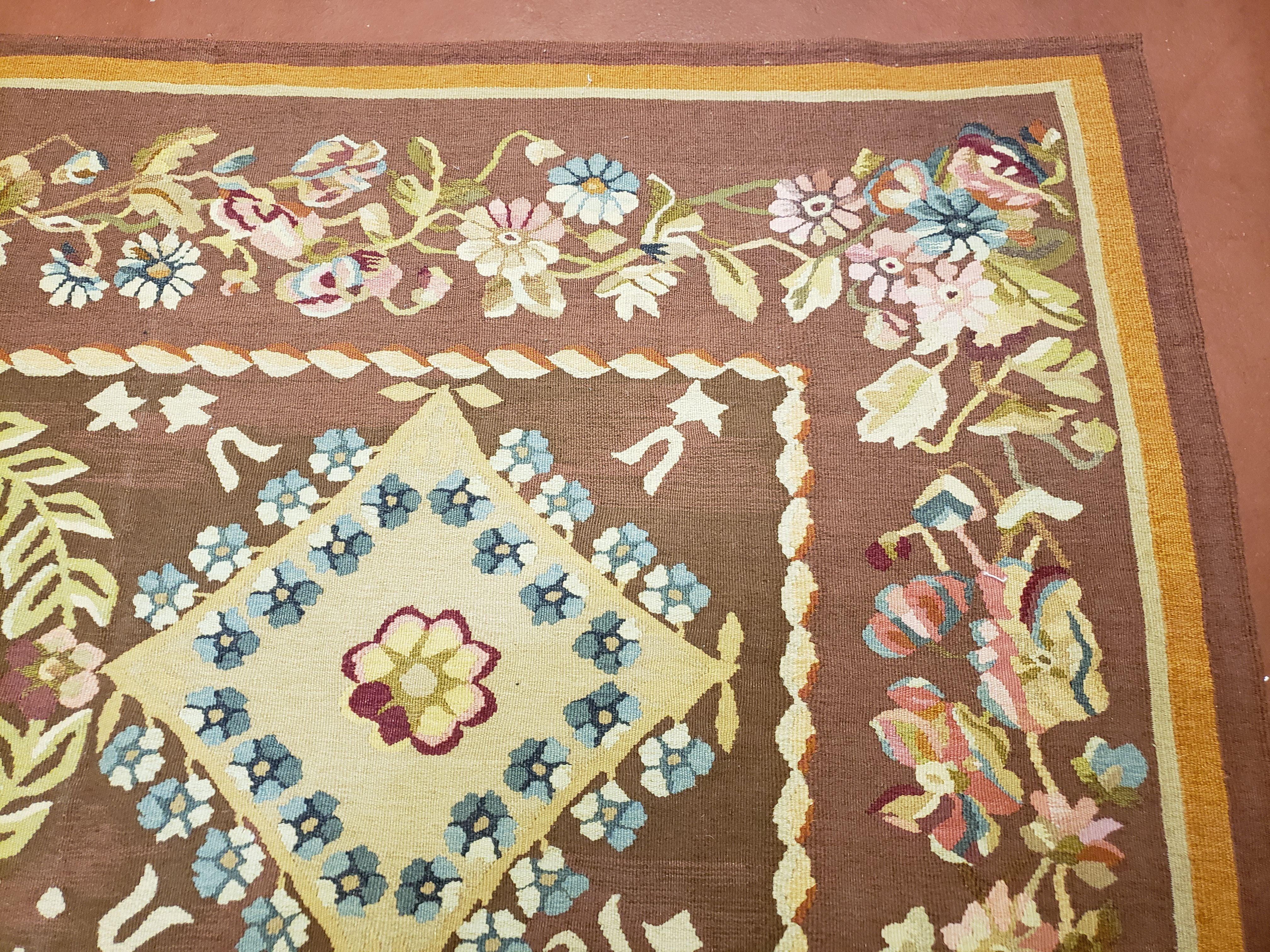 Aubusson Rug 6 x 9 Flat Weave Area Carpet European Design Flowers New Brown Rug Handmade Wool Hand-Knotted Aubusson Weave Medium Rug 6x9 - Jewel Rugs