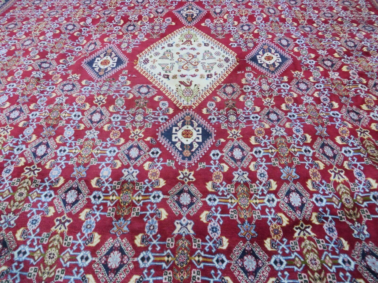 Oversized Persian Shiraz Tribal Rug 13x19, Palace Sized Oriental Carpet, Handmade Hand-Knotted X Large Rug, Red Blue Cream, Allover Herati Pattern - Jewel Rugs