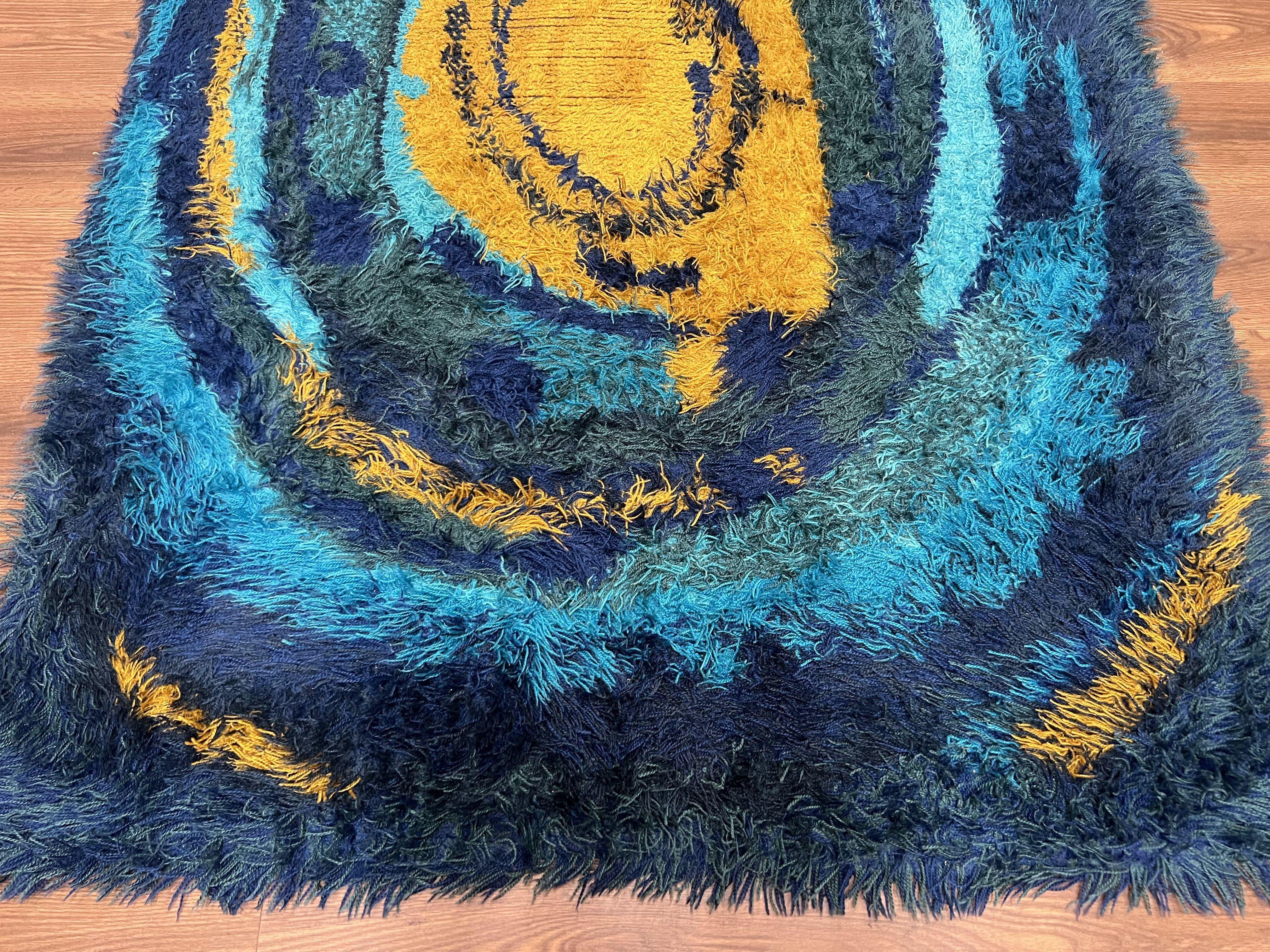 Mid Century Rya Danish Shag Rug 4.7 x 6.8, Multicolor Blues and Gold, Vintage Retro 1960s Shag Rug, Unique Carpet, Vintage Area Rug - Jewel Rugs