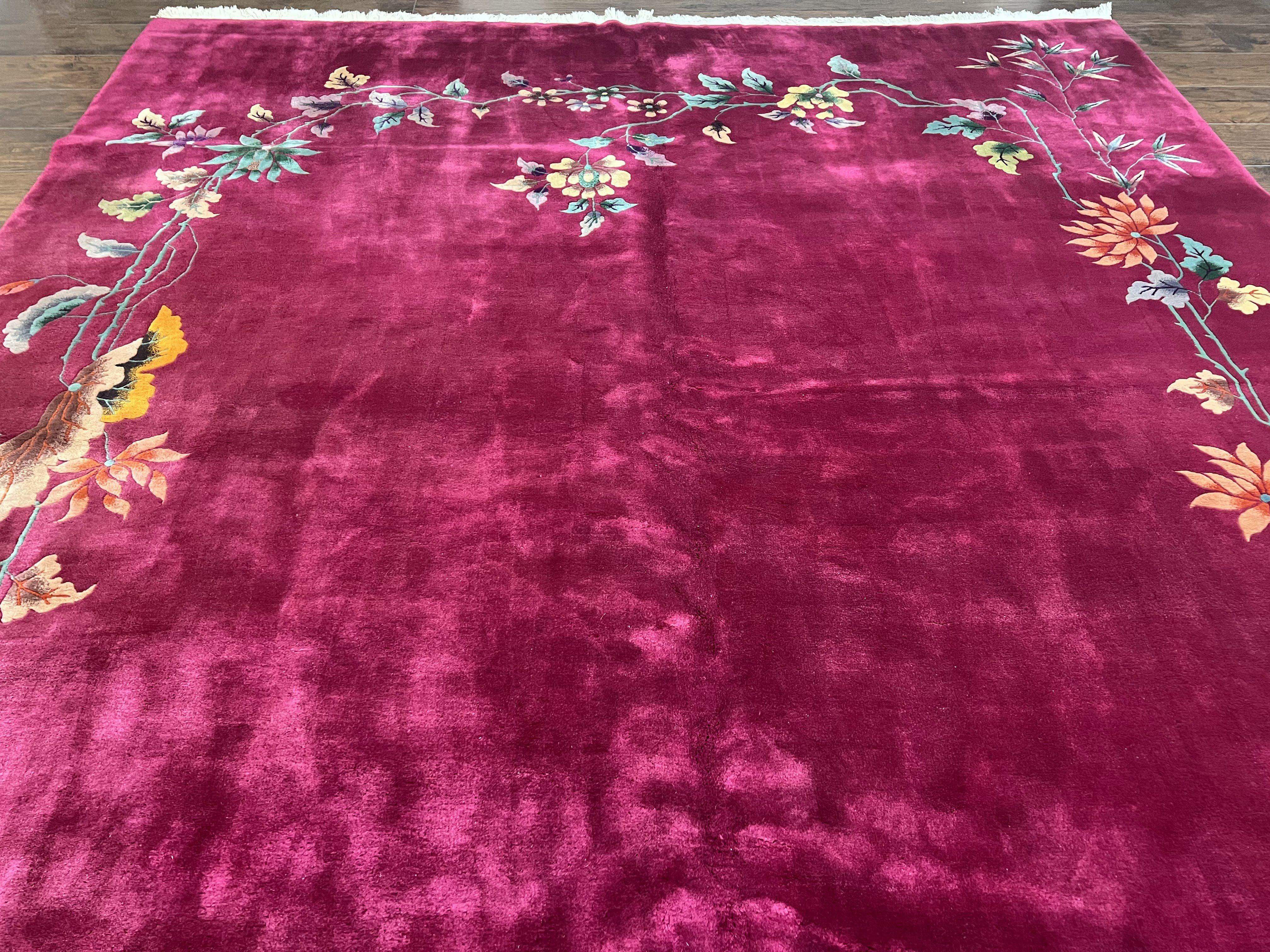 Antique Chinese Art Deco Rug 8.9 x 11.5, Chinese Nichols Carpet Purple/Red, Hand Knotted Wool Area Rug 9x12 Open Field Simple Design Flowers - Jewel Rugs