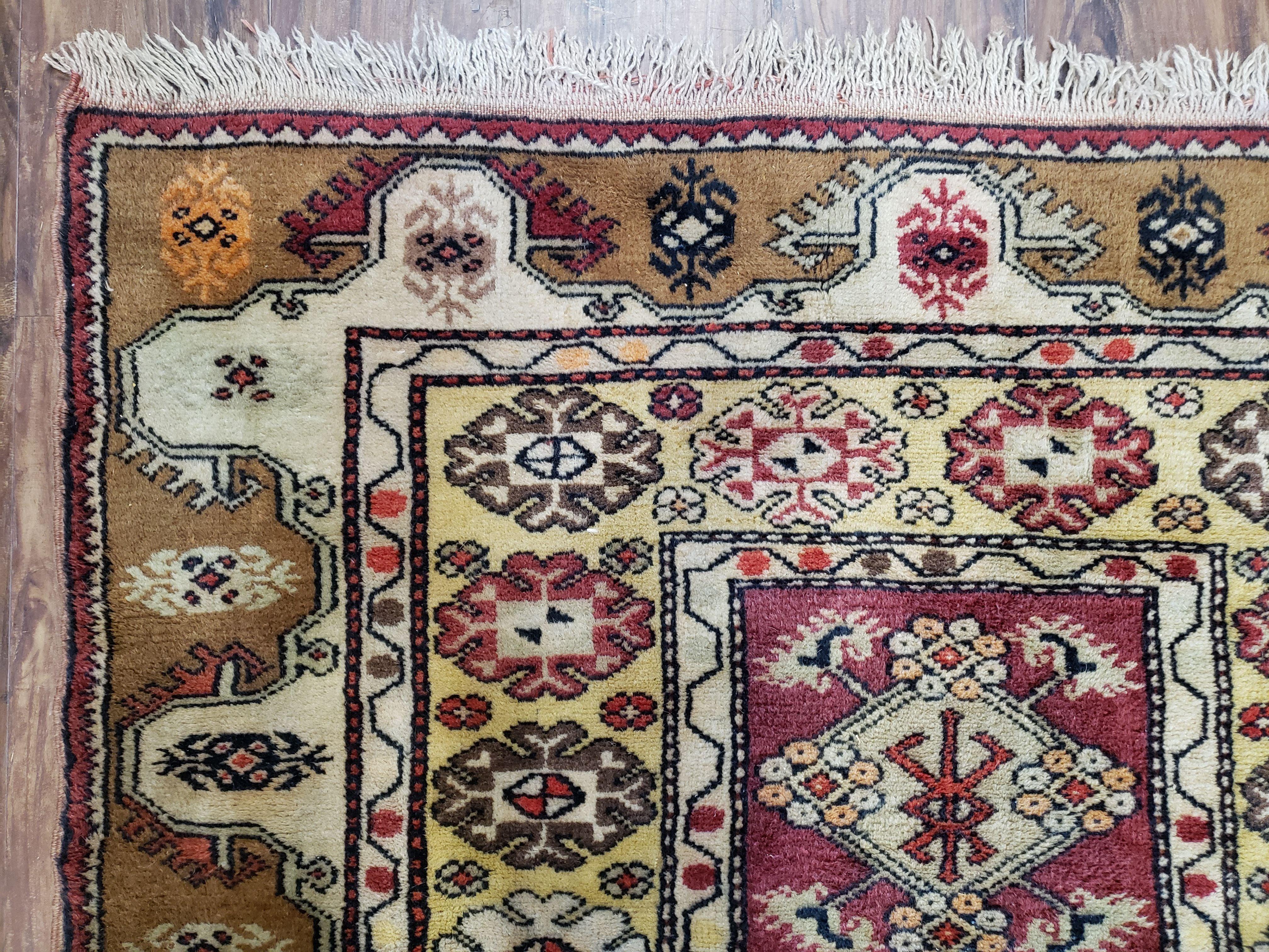 Turkish Caucasian Rug 4x7, Vintage Hand-Knotted Wool Turkish Talish Carpet 4 x 7, Cream, Burnt Orange Carmine Red Area Rug, Bohemian Rug - Jewel Rugs