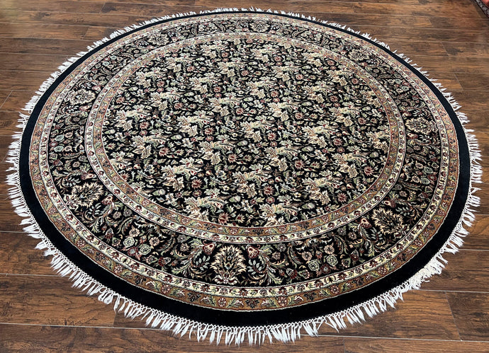 Round Oriental Rug 8x8 ft, William Morris Floral Pattern Carpet, 8 x 8 ft Round Rug, Black Cream and Tan 8ft Round Handmade Indo Persian Rug - Jewel Rugs
