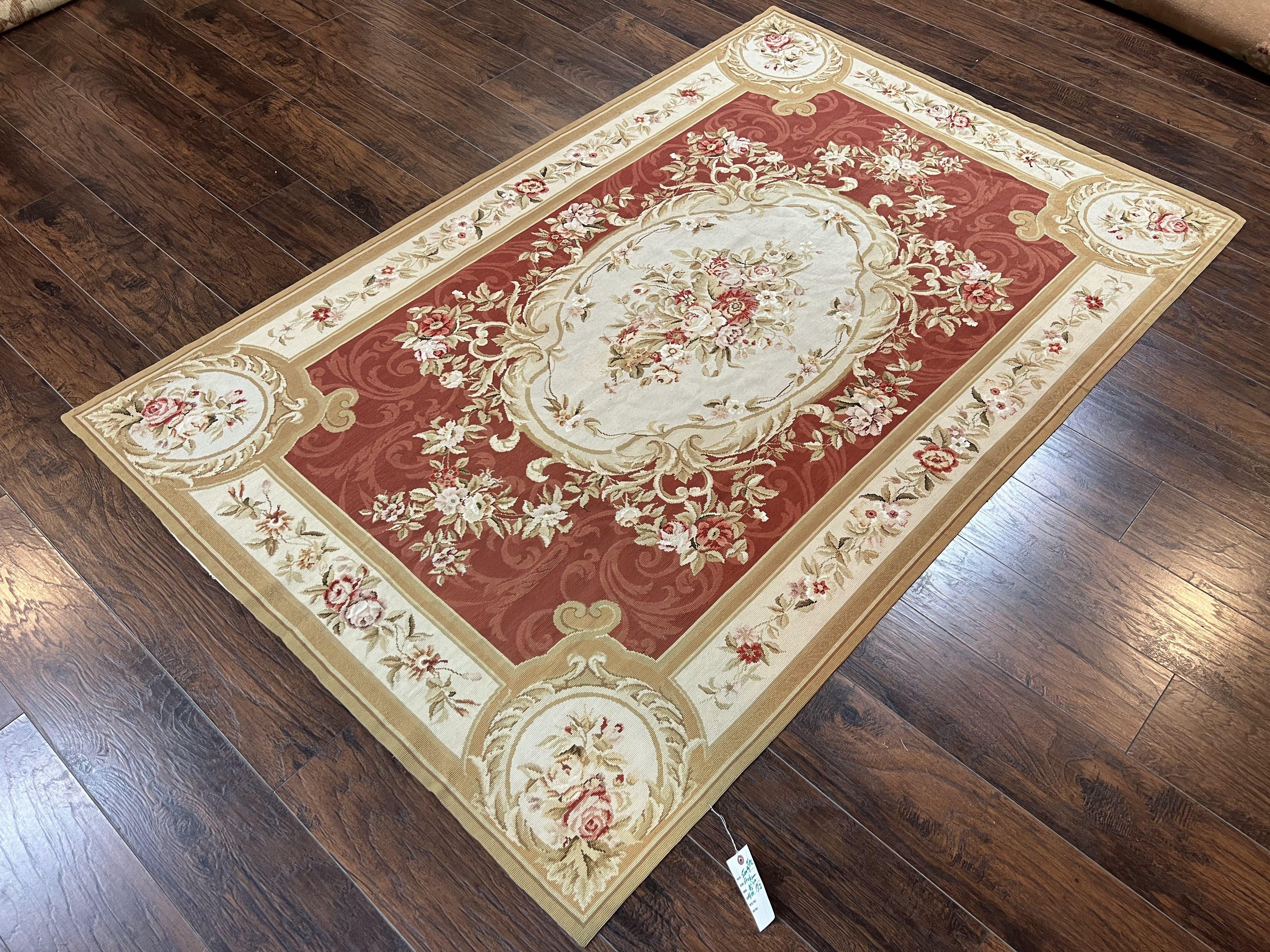 Aubusson Needlepoint Rug 5x8, Red Ivory Tan, Vintage Needlepoint Carpet 5 x 8 ft, Handmade Hand woven Wool, French European, Medium Size Rug - Jewel Rugs