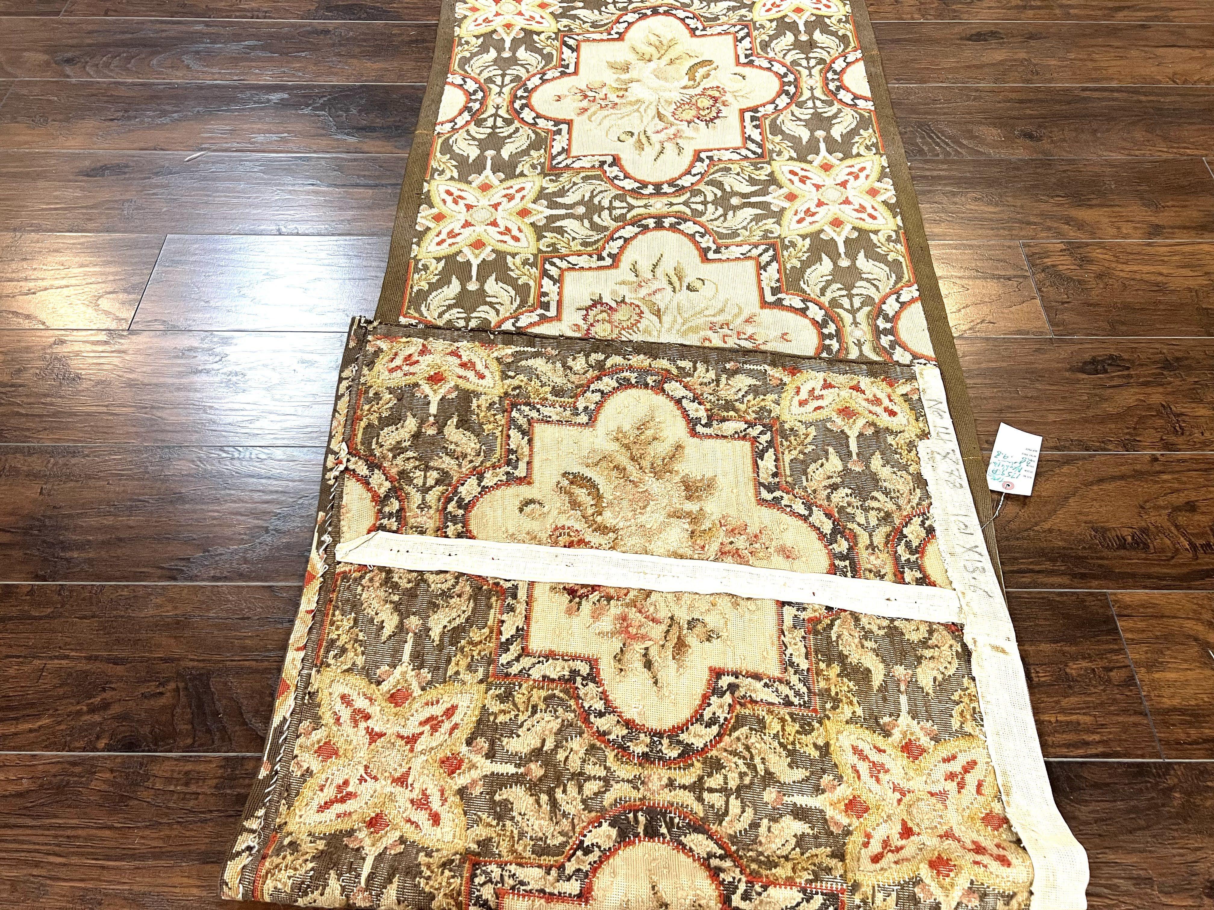 Needlepoint Runner Rug 2.8 x 9.8, Brown and Beige, Handwoven Handmade Floral French European Design, Vintage Flatweave 10ft Wool Runner Rug - Jewel Rugs