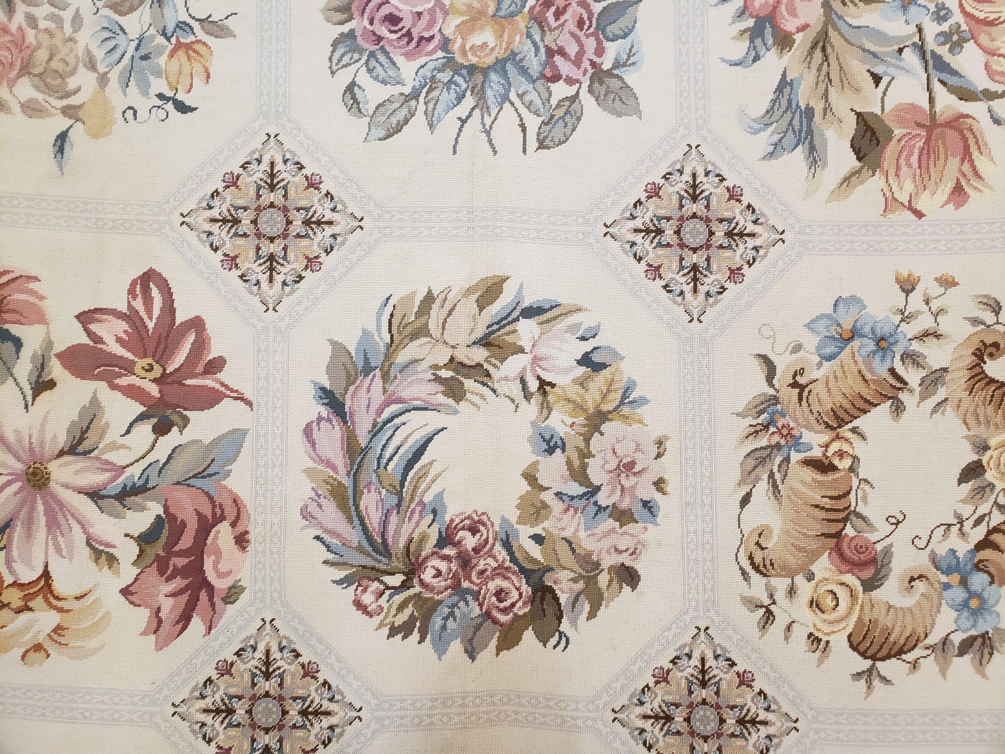 Needlepoint Rug 10x13 Vintage Carpet, Floral Panel Design, Beige, Multicolor Flowers, Handmade Hand Woven, Flatweave, No Pile, Wool - Jewel Rugs