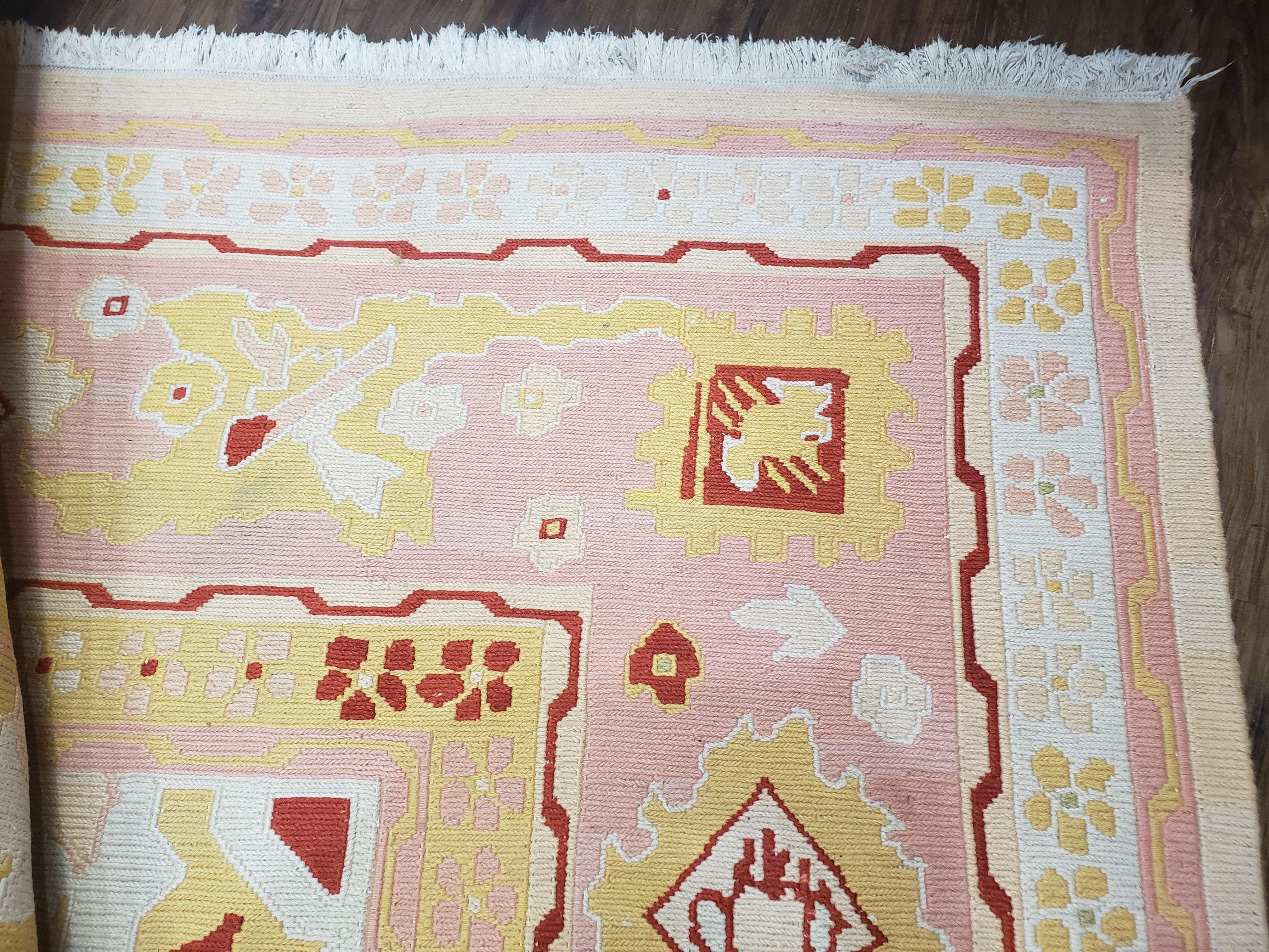 Large Turkish Kilim Carpet 10x14, Vintage Hand-Knotted Turkish Kilim Rug 10 x 14, Pink Cream Yellow Red, Decorative, Geometric, Unique - Jewel Rugs