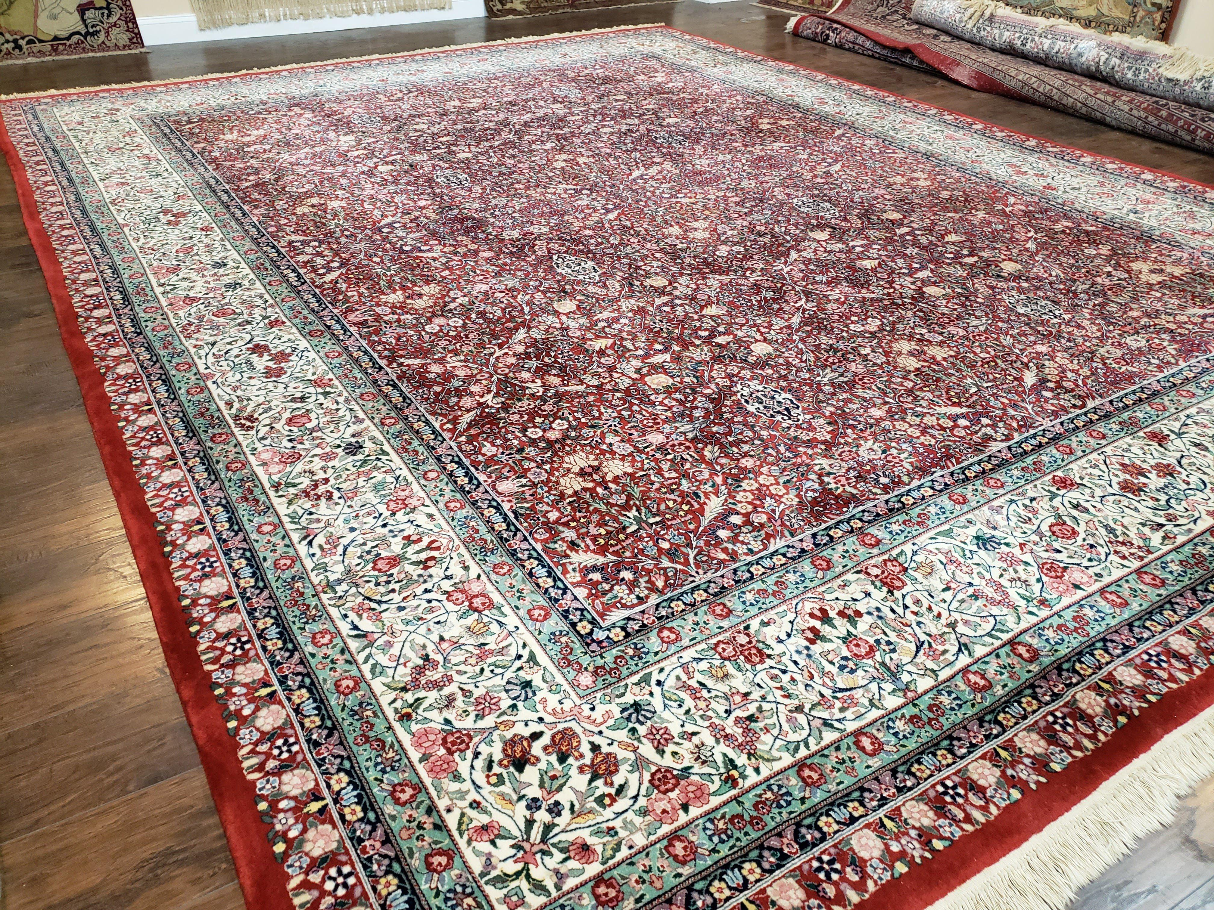 Oversized Pak Persian Rug 11x15, Large Wool Palace Carpet, Red and Ivory, Millefleur Allover Floral Pattern, Vintage Handmade Oriental Rug - Jewel Rugs