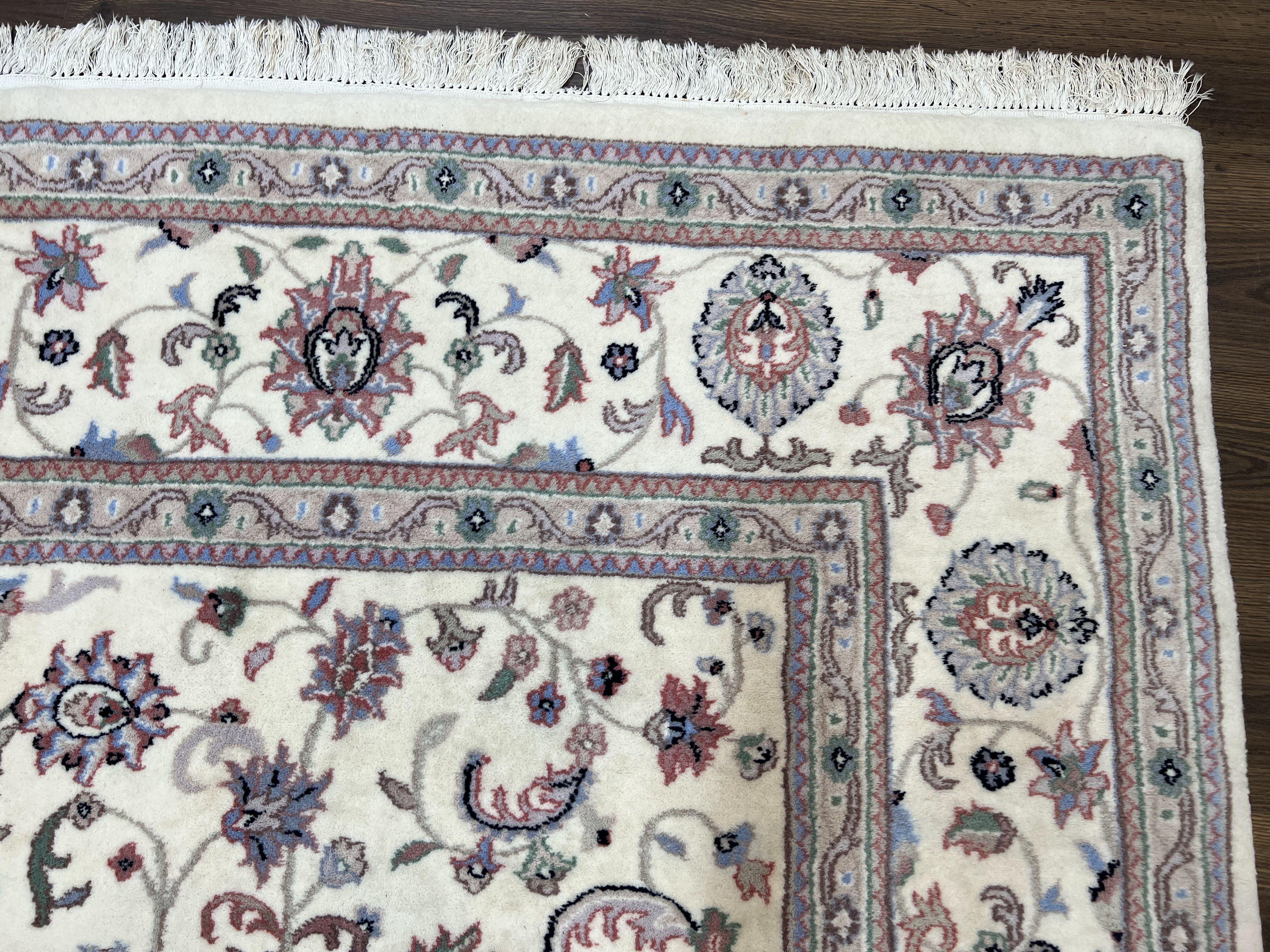 Indo Persian Rug 8x10, Wool Hand Knotted Carpet, Vintage Indian Oriental Carpet 8 x 10, Ivory Light Blue, Allover Floral, Traditional Rug - Jewel Rugs