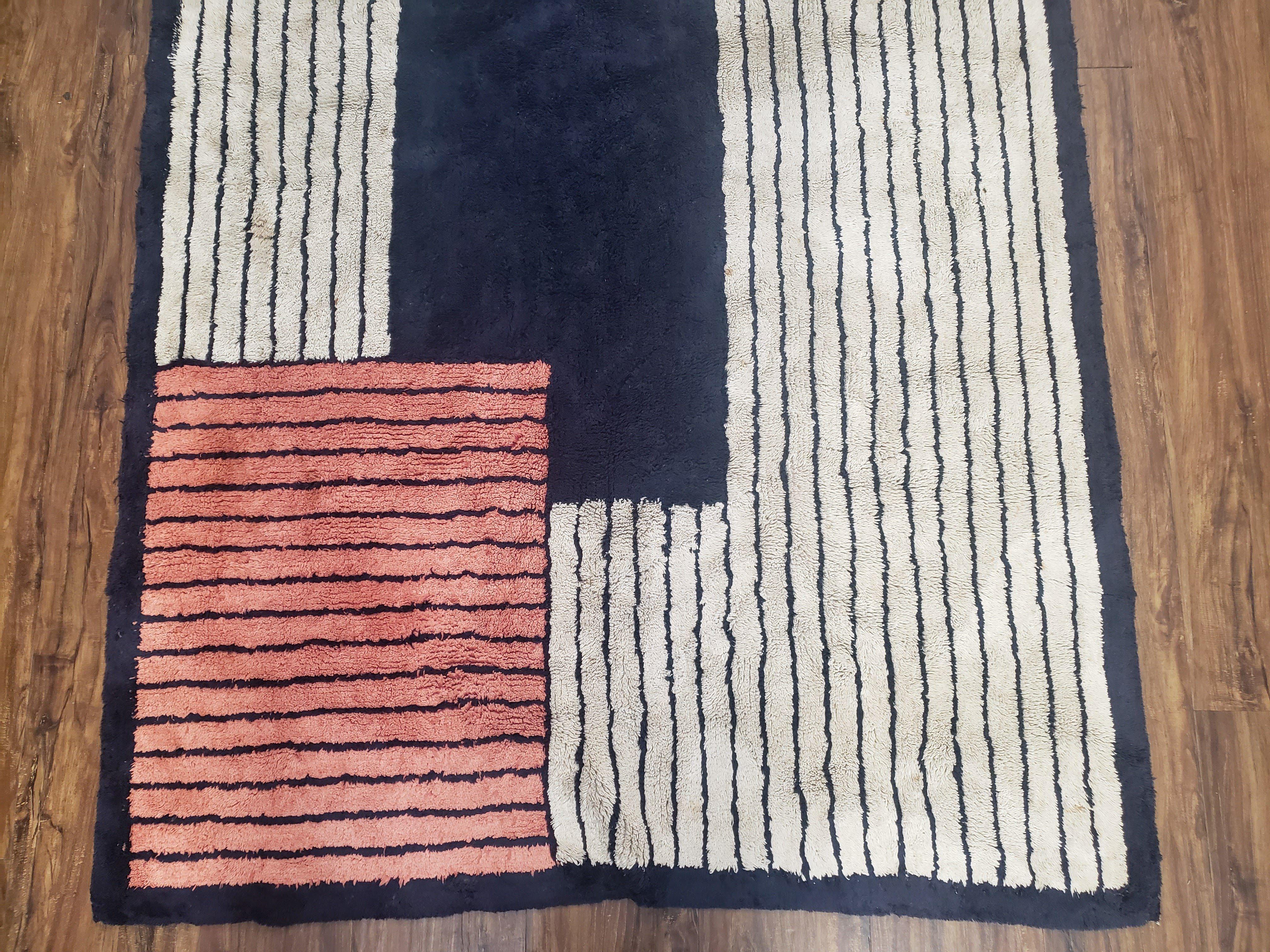 Vintage German Shag Rug 4x6, Small Geometric Abstract Design Hooked Carpet, Ivory Black & Blush Red, Foyer Room Rug Entryway Rug Bedroom Rug - Jewel Rugs