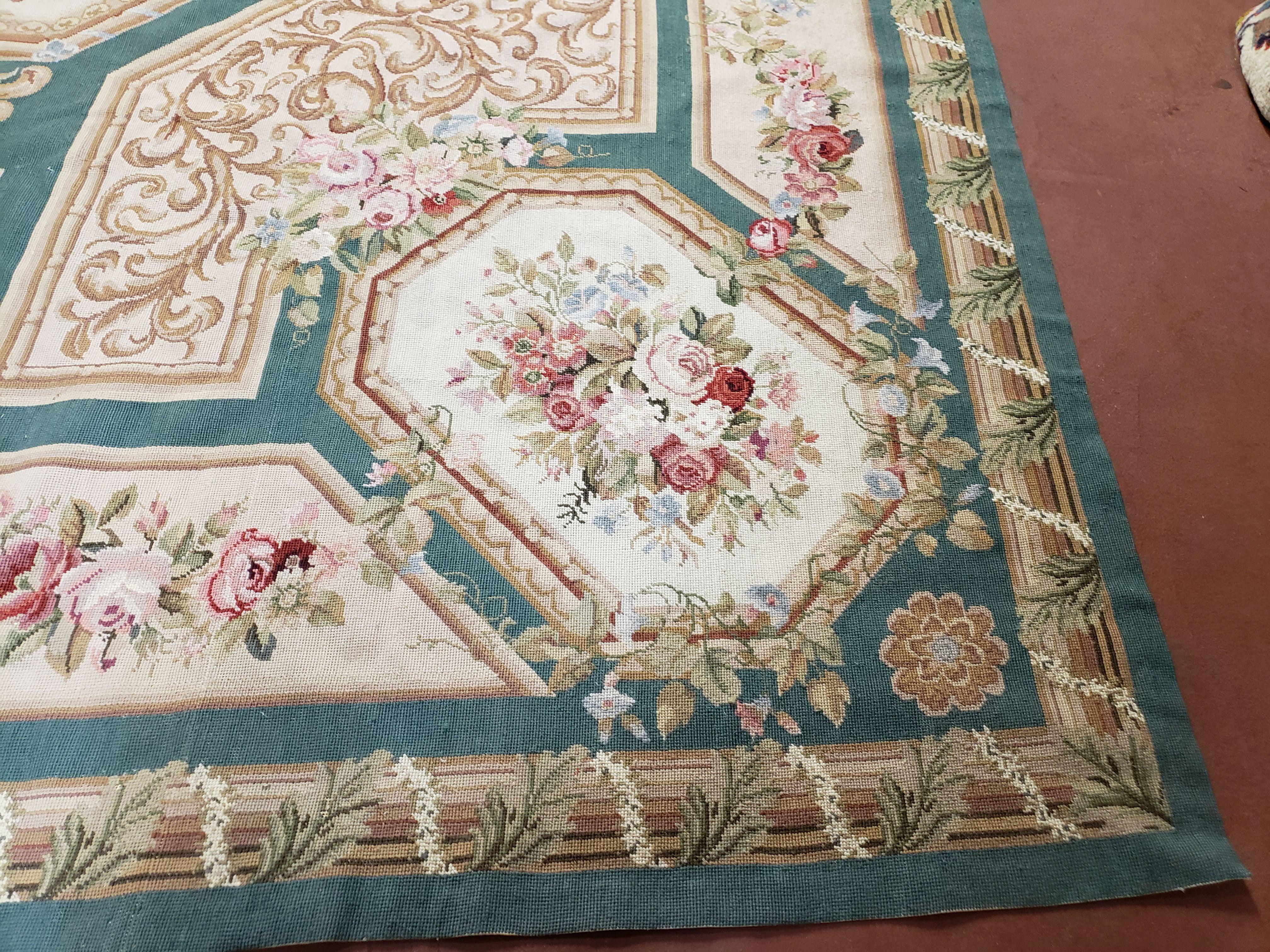 9x12 Needlepoint Rug Flatweave Carpet Aubusson Rug One-of-a-Kind Hand-Knotted Wool Rug Living Room Rug Vintage Floral Pattern Green & Beige - Jewel Rugs