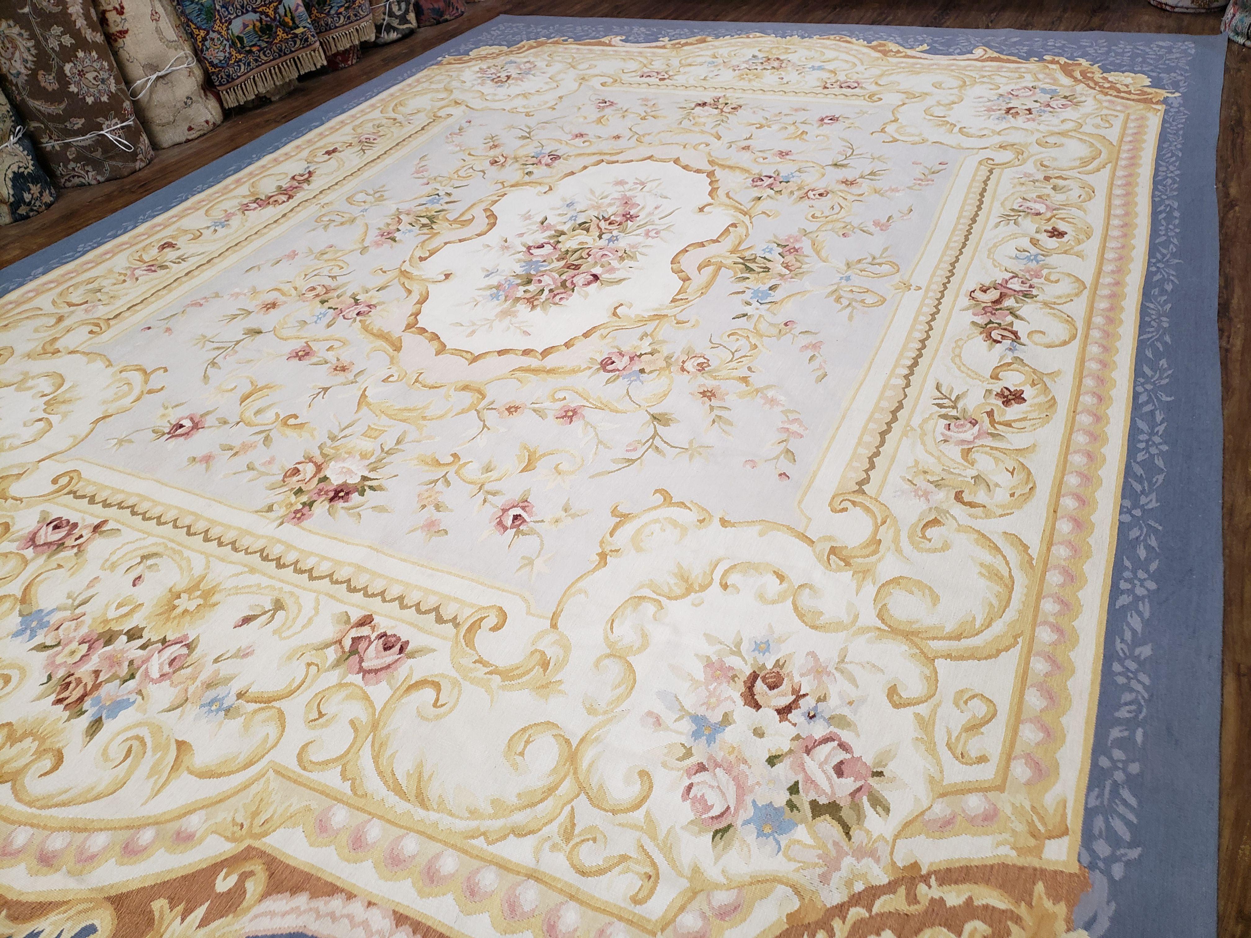 Vintage Aubusson Savonnerie Rug 9x12, Blue Flatweave Chinese Aubusson Rug 9 x 12, Elegant French European Style Blue & Light Blue Ivory Wool - Jewel Rugs