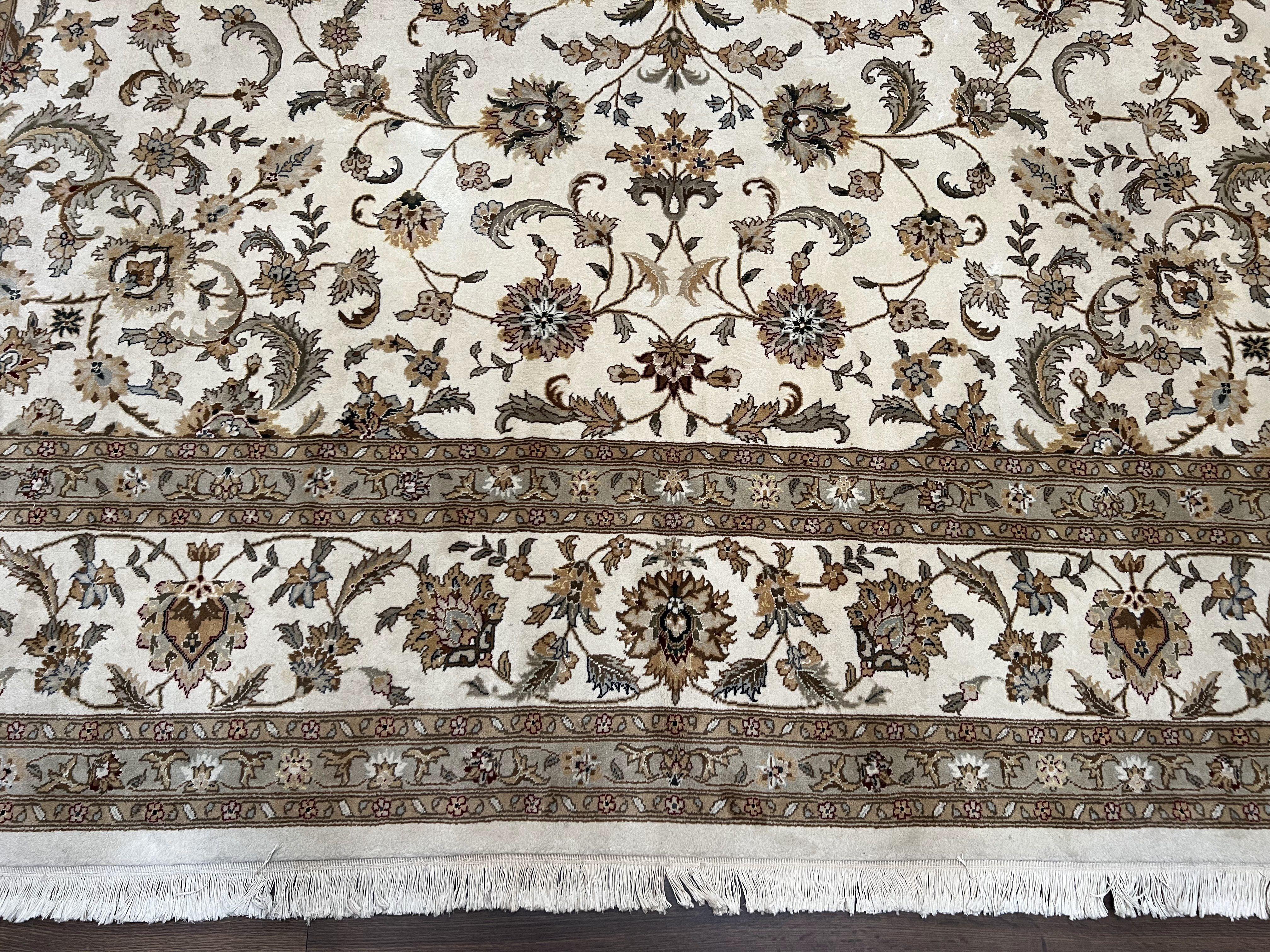 Pak Persian Rug 10x14, Allover Floral Pattern, Fine Oriental Carpet 10 x 14, Elegant Traditional Wool Rug, Ivory/Cream/Beige, Hand Knotted - Jewel Rugs