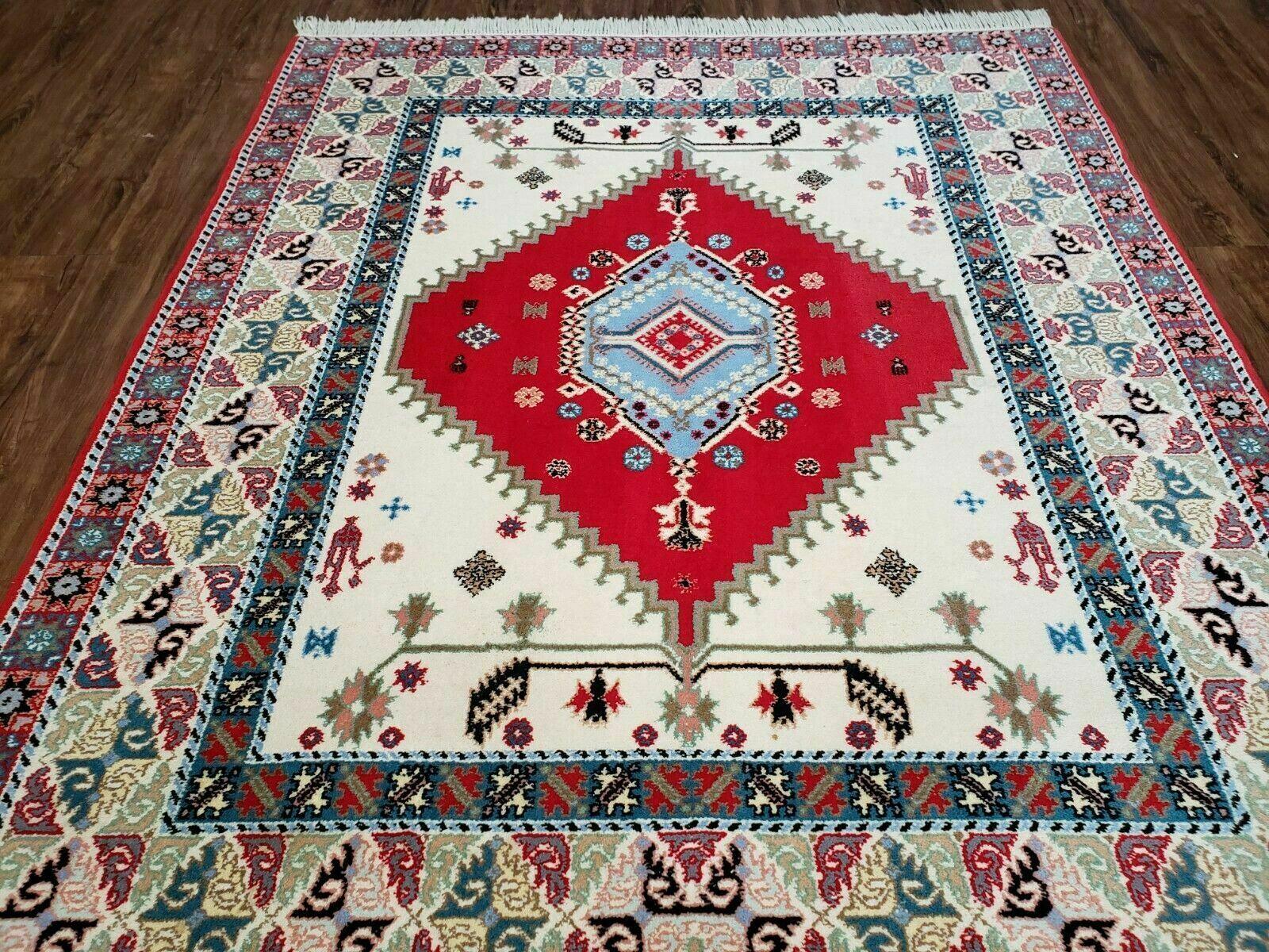 Vintage Moroccan Carpet 5x7 Area Rug, Berber Rug, Handmade Soft Wool Rug, Red Ivory and Blue, Geometric Medallion Rug, Bohemian Rug, Nice - Jewel Rugs