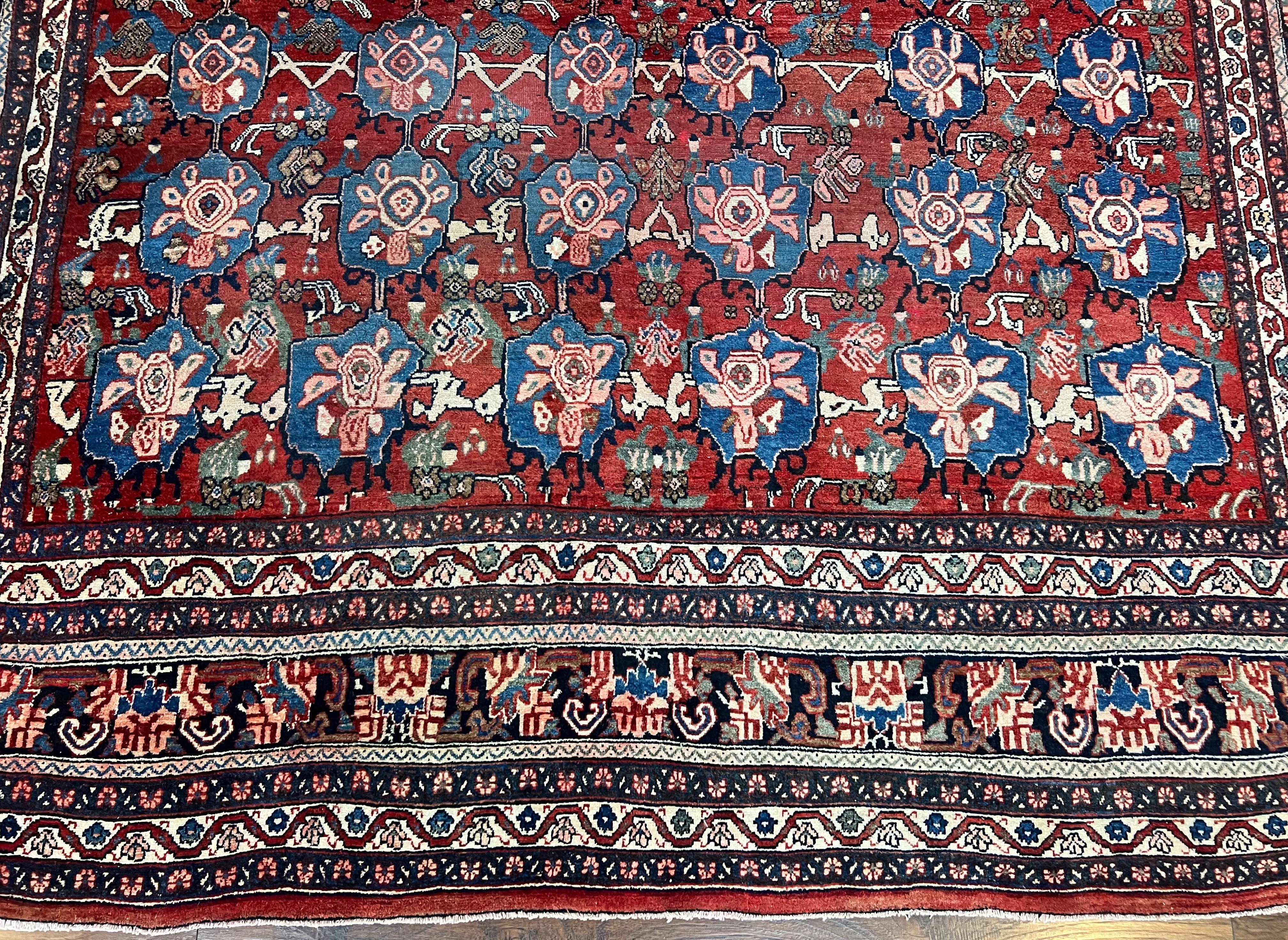 Antique Persian Bijar Rug 9x12 - Allover Motif, Red & Blue - Jewel Rugs