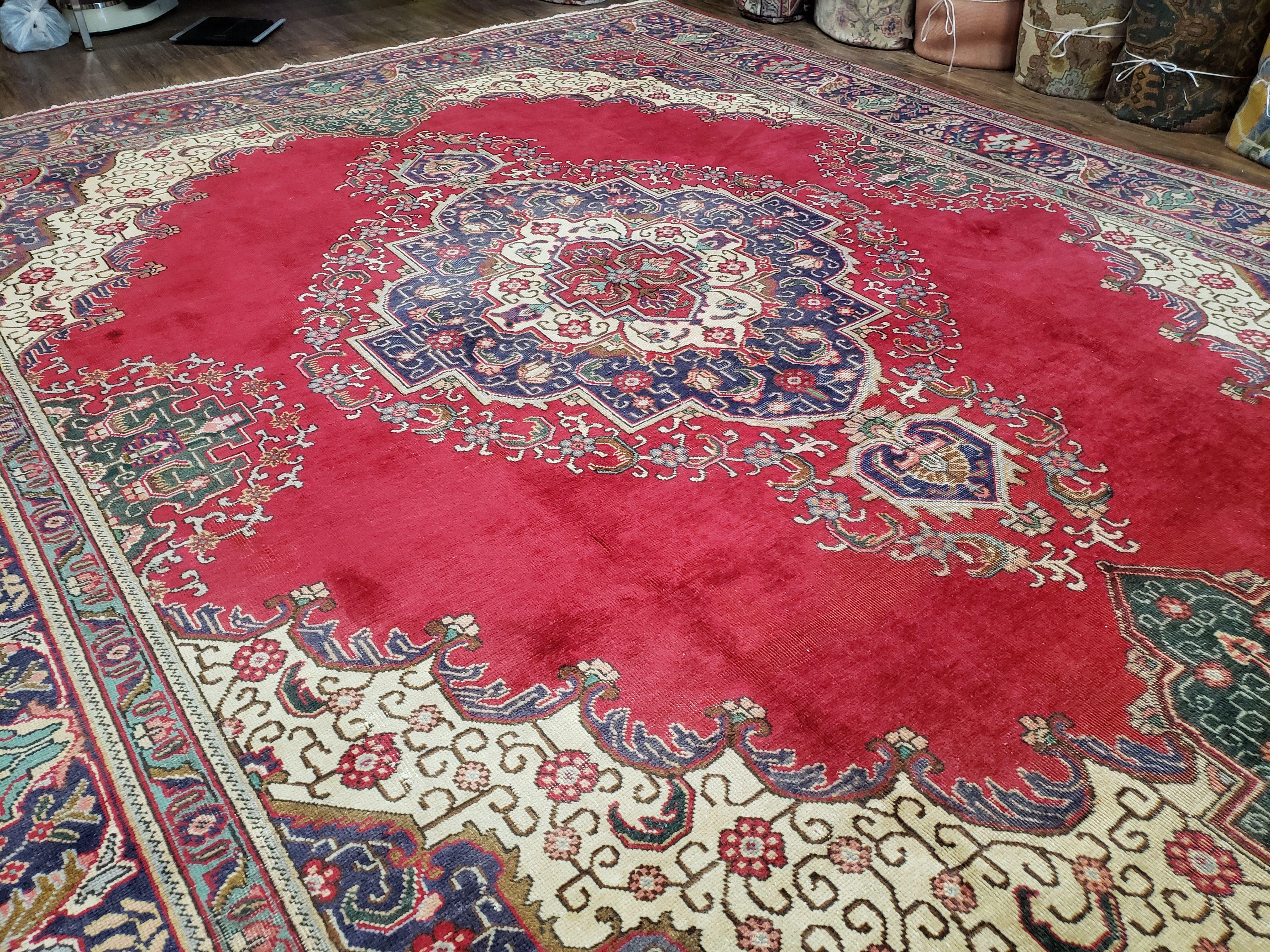 Semi Antique Tabriz Rug with Central Medallion, Red, 9'8" x 12'5" - Jewel Rugs