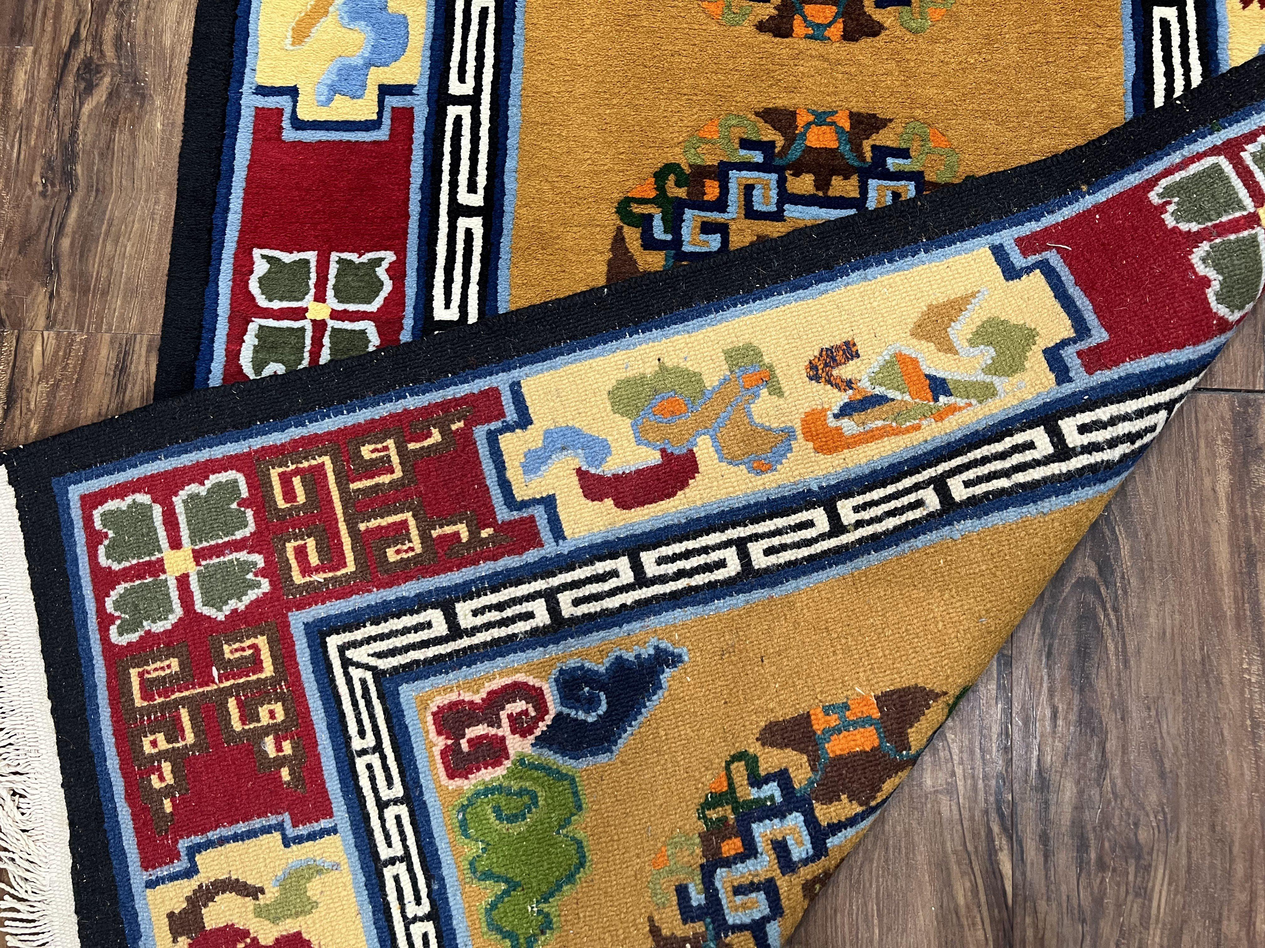 Vintage Chinese Art Deco Rug 3x6, Orange Dark Blue Maroon Chinese Peking Carpet, Asian Oriental Wool Rug, Bold Colors, Bedroom Rug, Hallway - Jewel Rugs