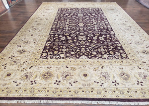 Vintage Peshawar Rug 10x14, Large Room Living Dining Room Bedroom Pakistani Rug, Eggplant and Cream Color, Floral, Handmade Wool Agra Carpet - Jewel Rugs