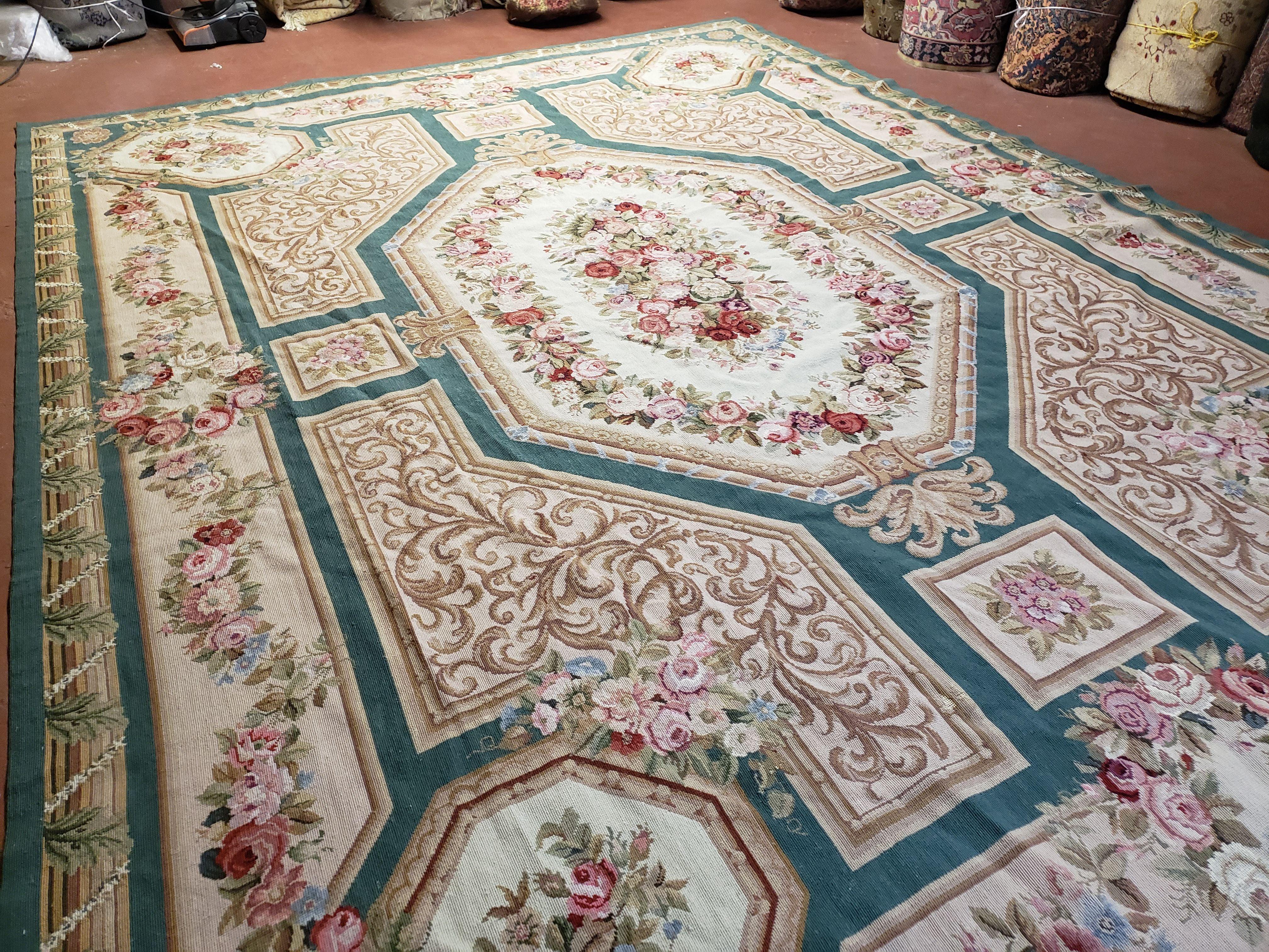 9x12 Needlepoint Rug Flatweave Carpet Aubusson Rug One-of-a-Kind Hand-Knotted Wool Rug Living Room Rug Vintage Floral Pattern Green & Beige - Jewel Rugs