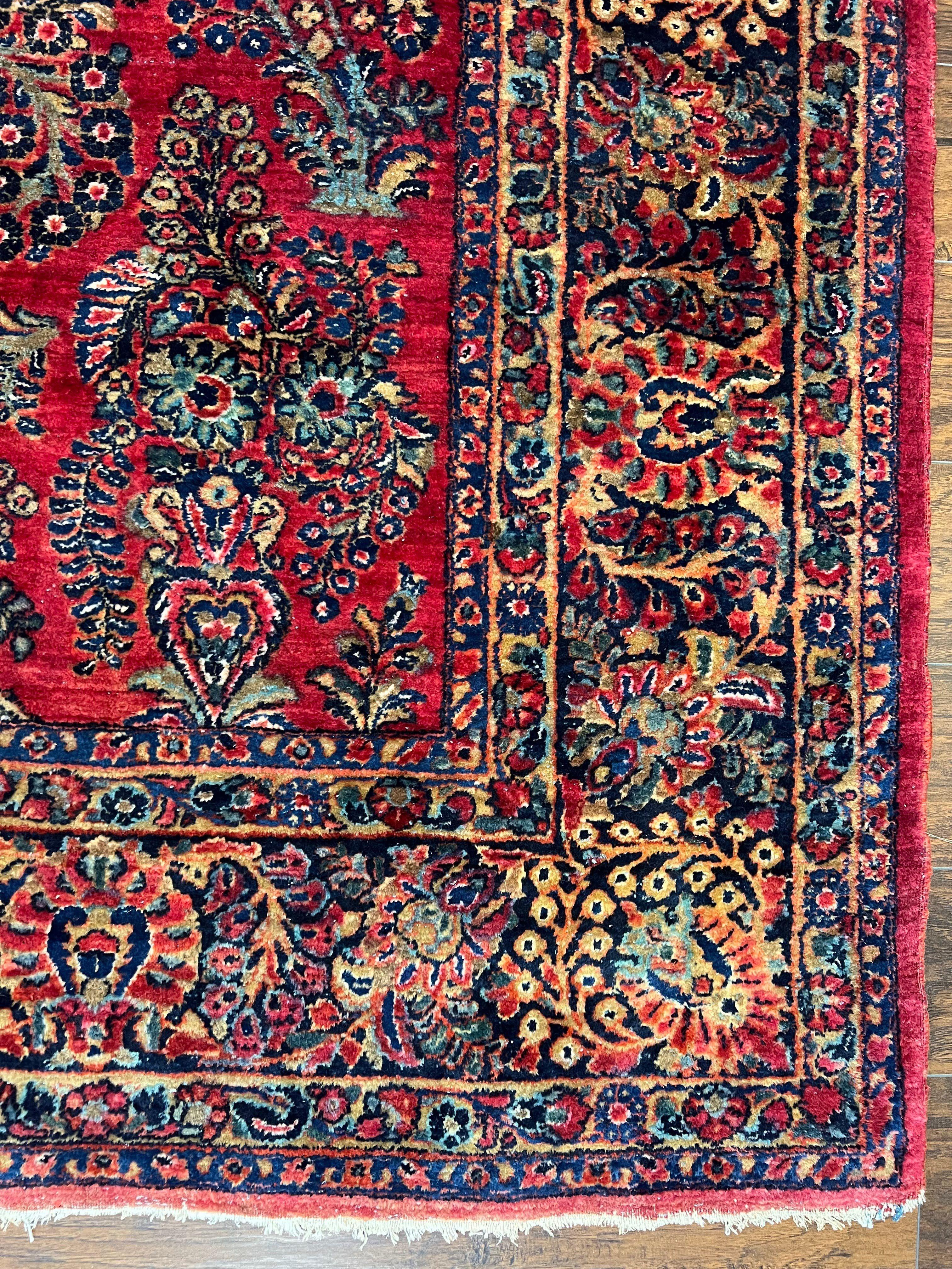 Stunning Persian Sarouk Rug 9 x 16, Antique 1920s Oversized Persian Carpet 9 x 16 ft, Palace Sized Handmade Wool Rug with Signature Red Blue Floral - Jewel Rugs