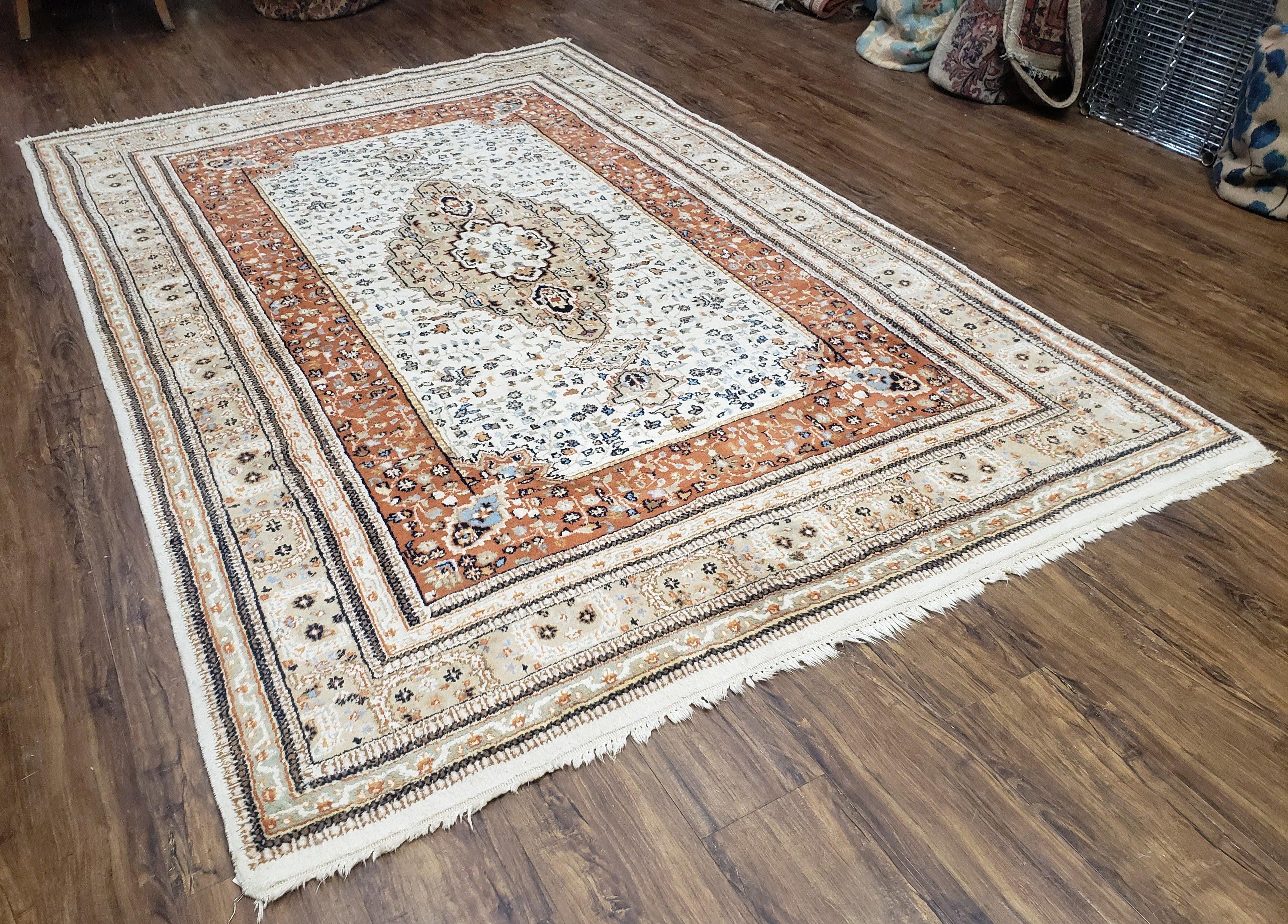 6x9 Vintage Indo-Persian Area Rug, Wool Hand-Knotted Carpet, Ivory & Squash Orange, Floral Medallion Tribal Rug, Indian Carpet, Decorative - Jewel Rugs