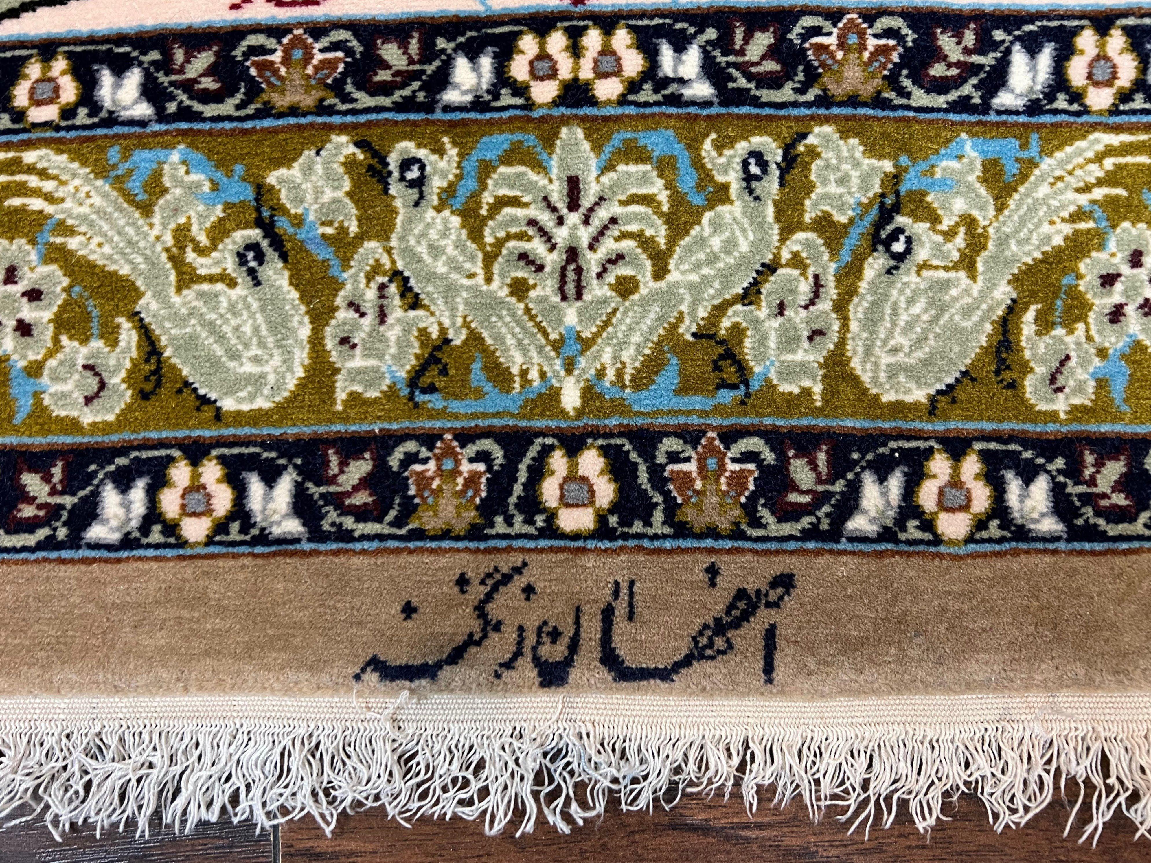Very Fine Small Persian Isfahan Rug 2.6 x 4, Kork Wool on Silk Hand-Knotted Vintage Animal Pictorials Birds Vase, Signature Masterweaver, Orange - Jewel Rugs