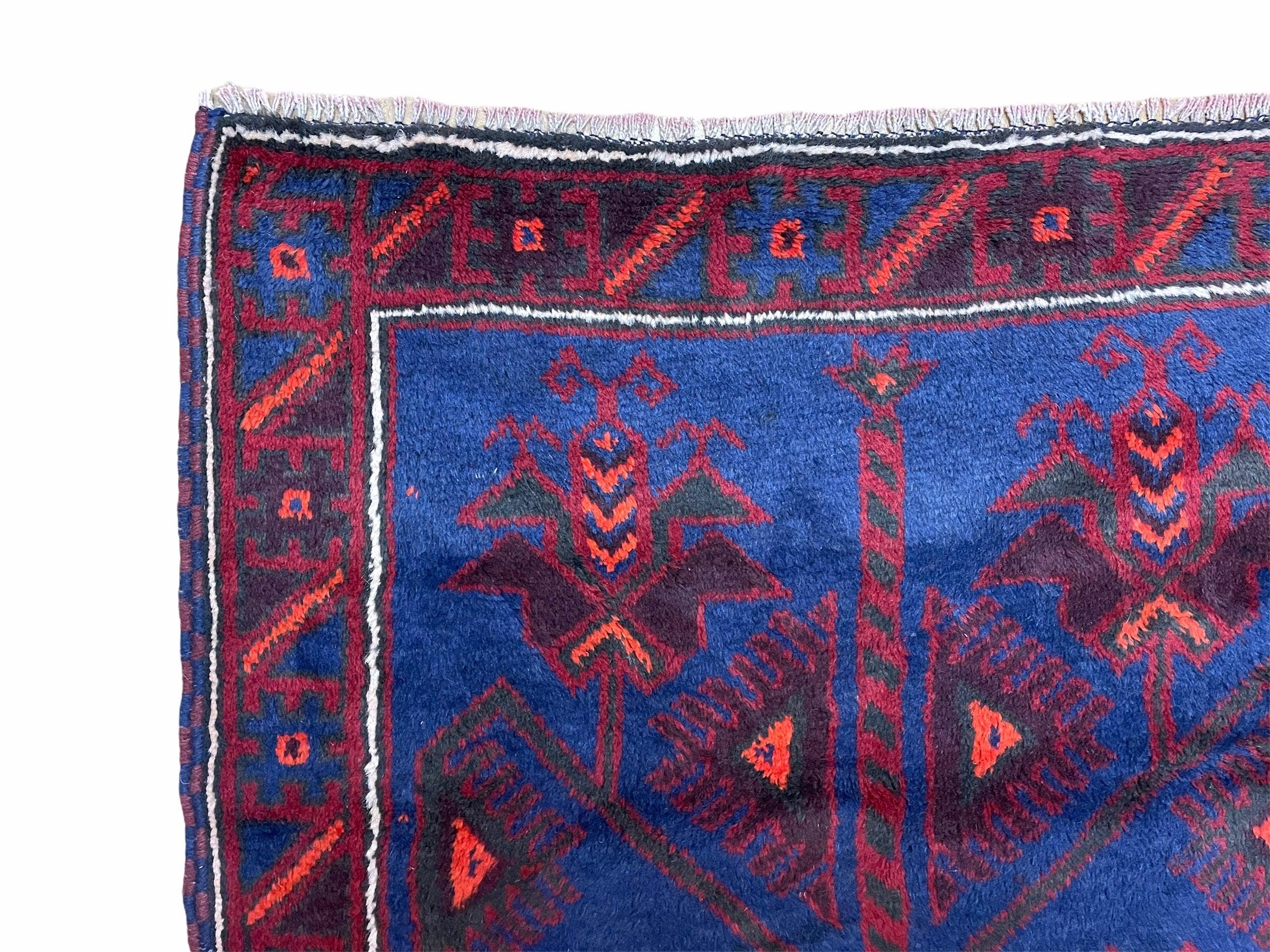 2'10"X 4'7" Vintage Handmade Tribal Wool Rug Balouchi Rug Afghan Rug Blue Red - Jewel Rugs