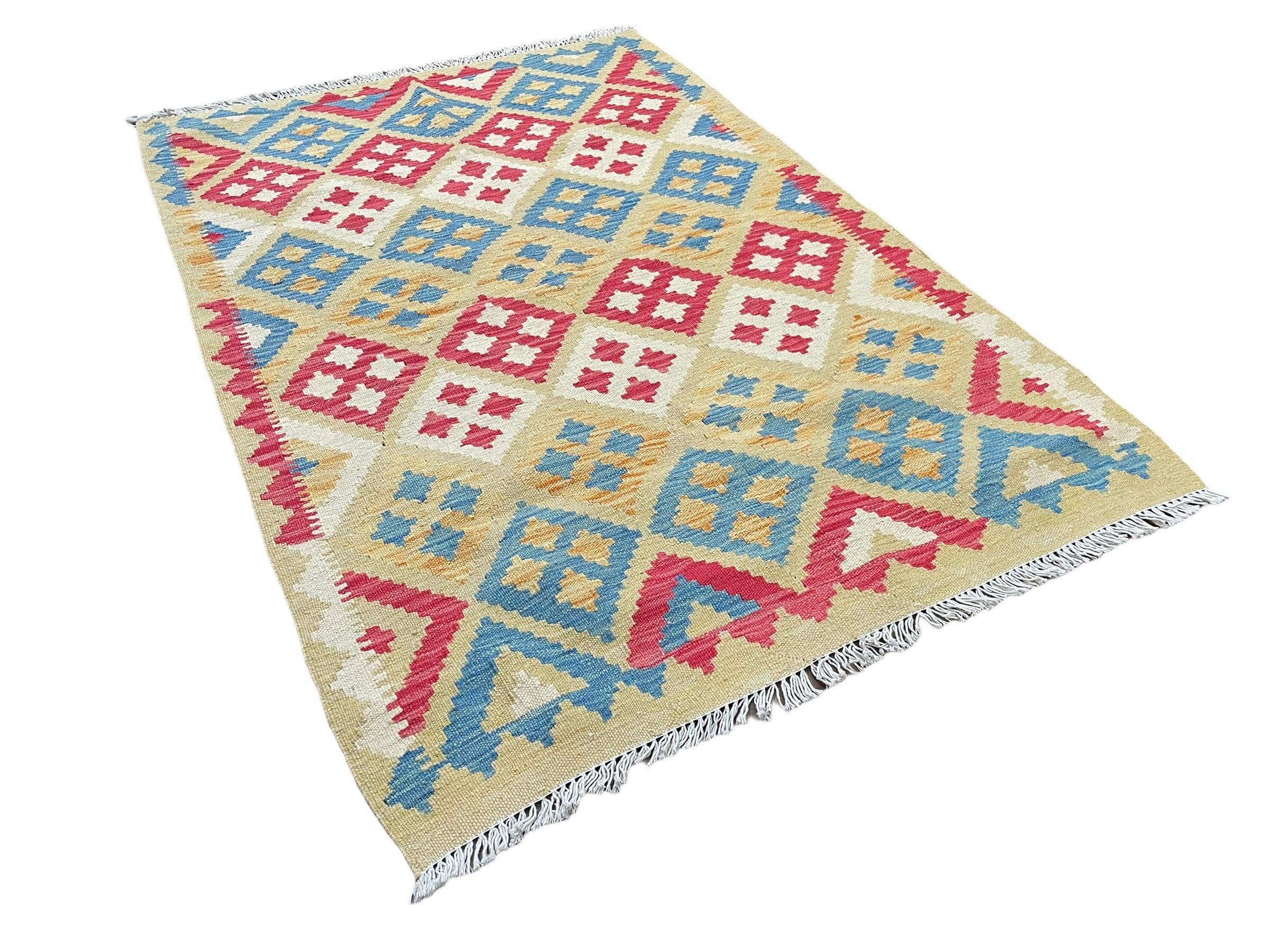 3x5 Kilim Rug Multicolor Tribal Kilim Rug 3 x 5 Tan Light Blue Red Beige New Turkish Anatolian Wool Kilim Flatweave Rug - Jewel Rugs