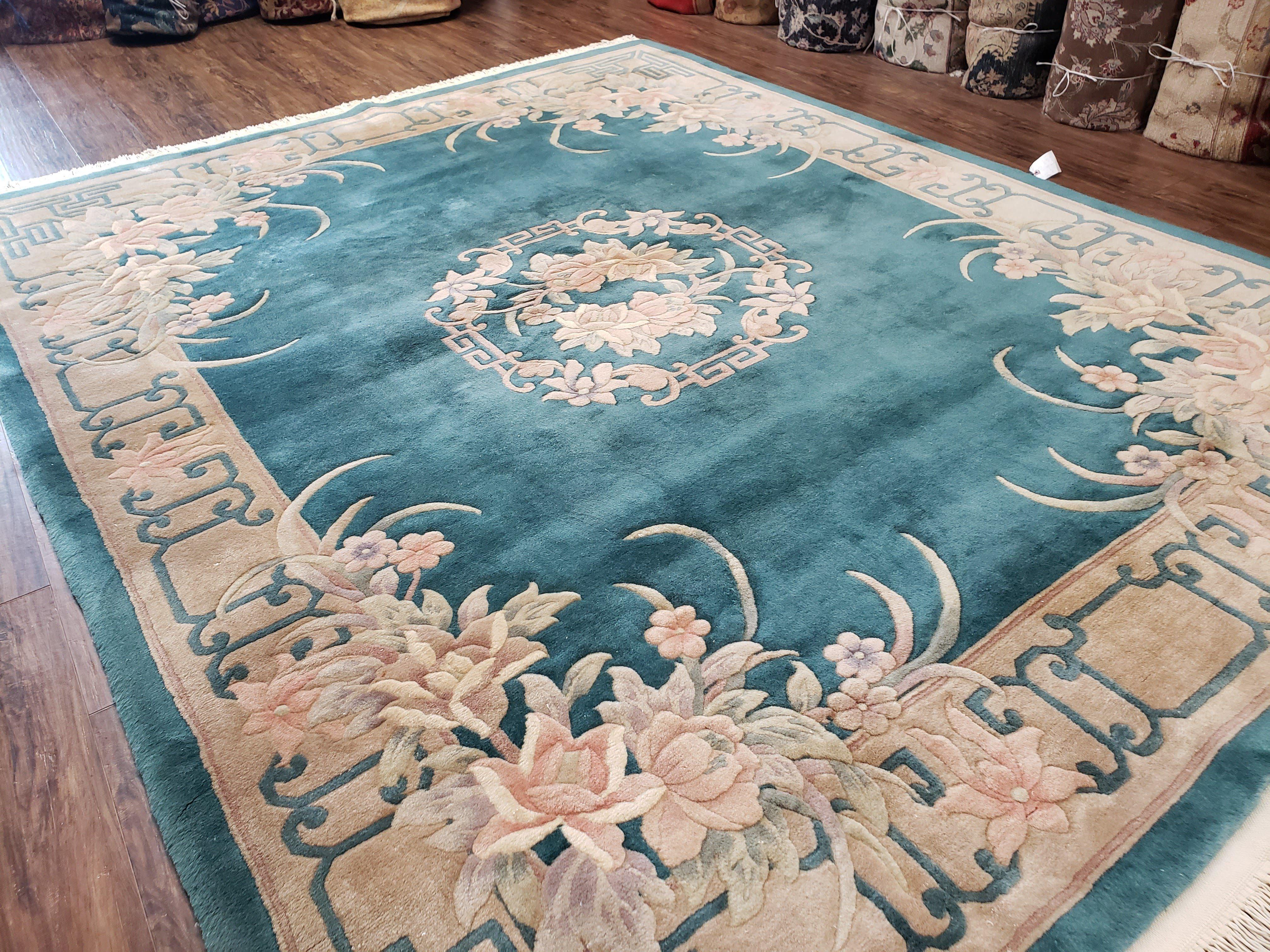 Chinese Carving Rug, 8x10 Rugs, Teal and Beige Chinese Carpet, Chinese 90 Line Rug, Vintage Chinese Art Deco Wool Rug, Handmade Rug, Floral - Jewel Rugs