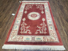 Vintage Chinese Area Rug 4x6, Hand-Knotted, Dark Red & Beige Chinese Asian Oriental Carpet, 3'6" x 5'7", Chinese Vases - Jewel Rugs