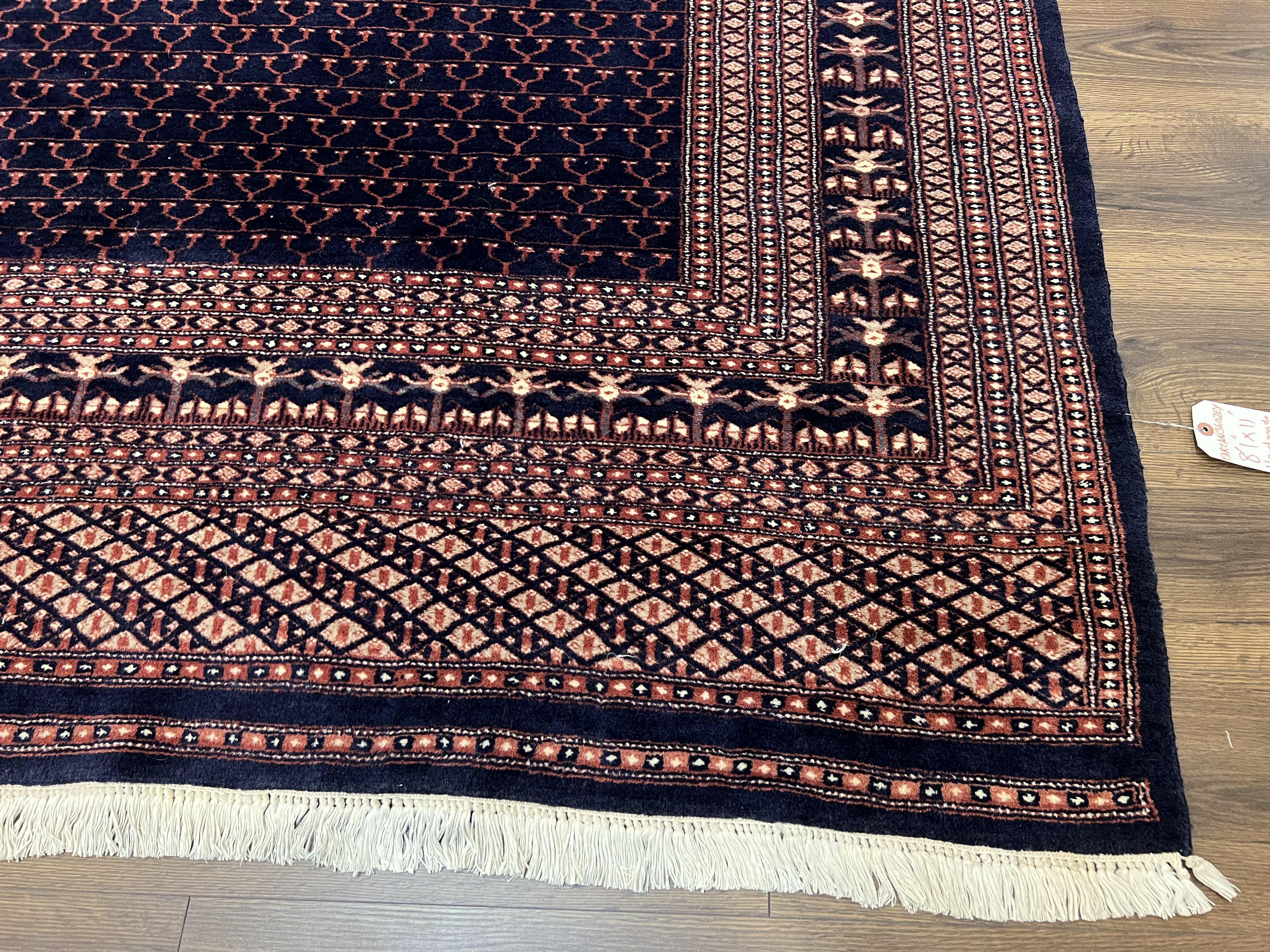 Pakistani Rug 8x11, Hand Knotted Wool Carpet, Navy Blue Red Beige, Four Season Hatchli Design, 8 x 11 Vintage Fine Oriental Rug, Room Sized - Jewel Rugs