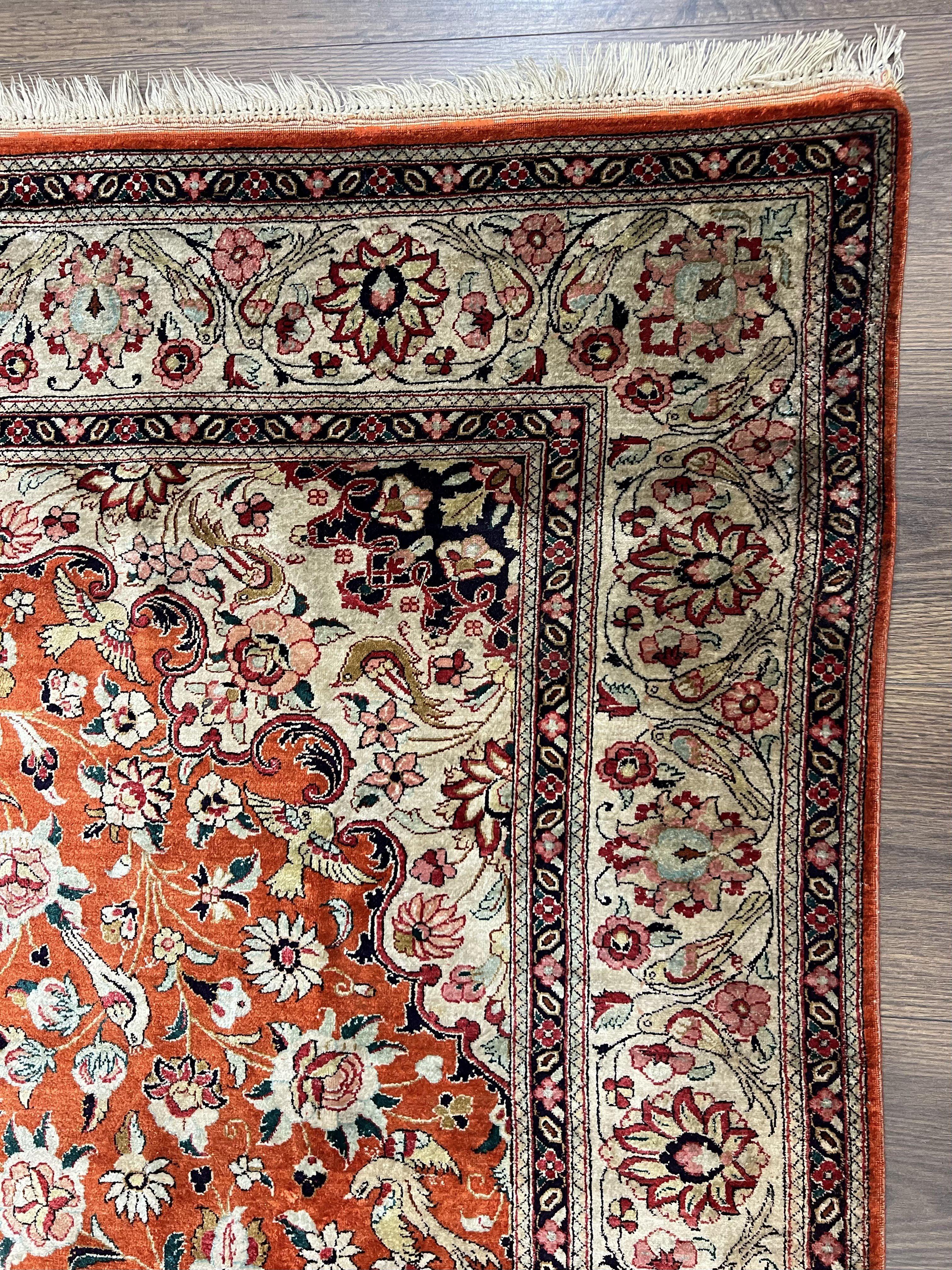 Persian Qum Silk Rug 5x7 - Floral Medallion, Birds, Orange-Red - Jewel Rugs