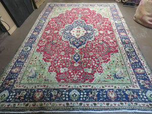 Persian Tabriz Rug 7x10, Red Blue and Green Rug, Allover Floral Medallion Rug, Hand Knotted Rug, Antique Rug 7 x 10 Vintage Wool Oriental Carpet