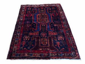 4 X 6 Antique Handmade Wool Tribal Hand-Knotted Rug Geometric Blue Red Veg Dyes - Jewel Rugs