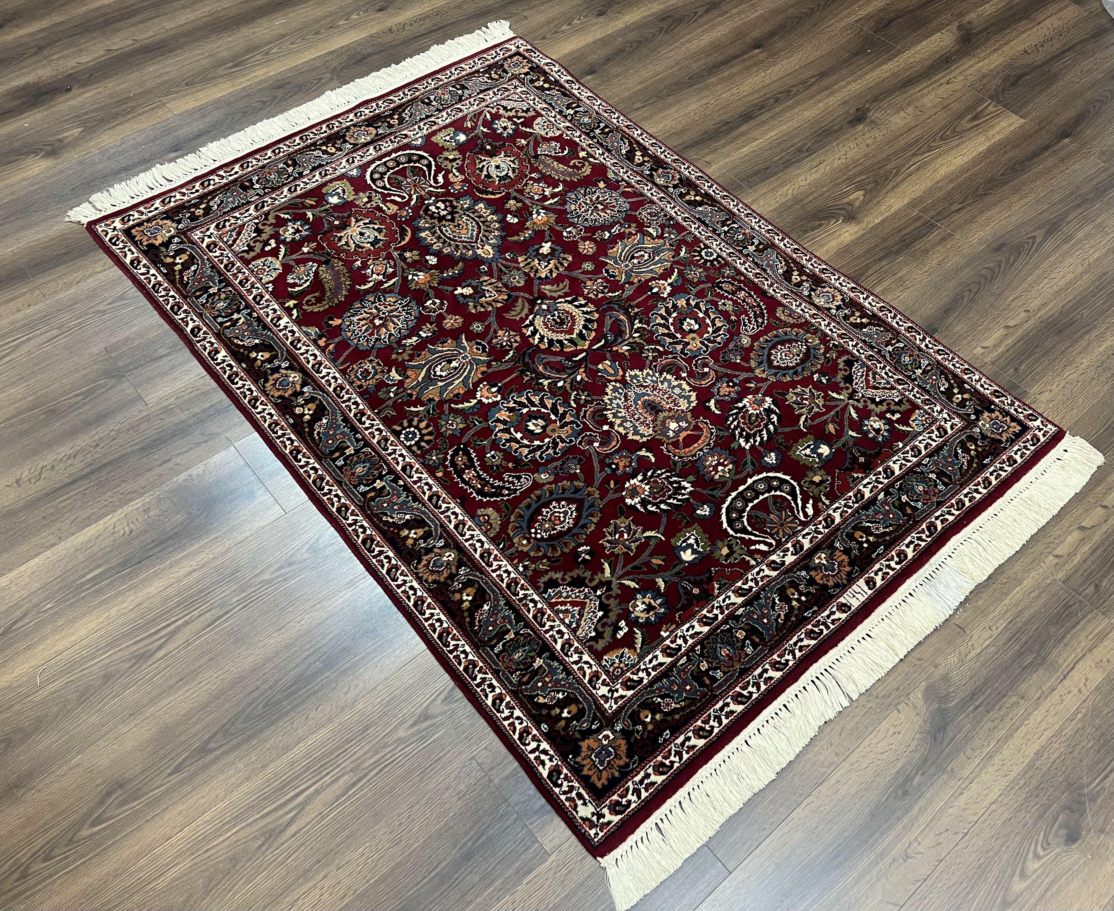 Persian Rug 4x6, Wine Red Persian Mashad Oriental Carpet, Floral Allover, Dated Signature, Hand Knotted Vintage Rug, Wool Rug 4 x 6, Entryway Rug - Jewel Rugs