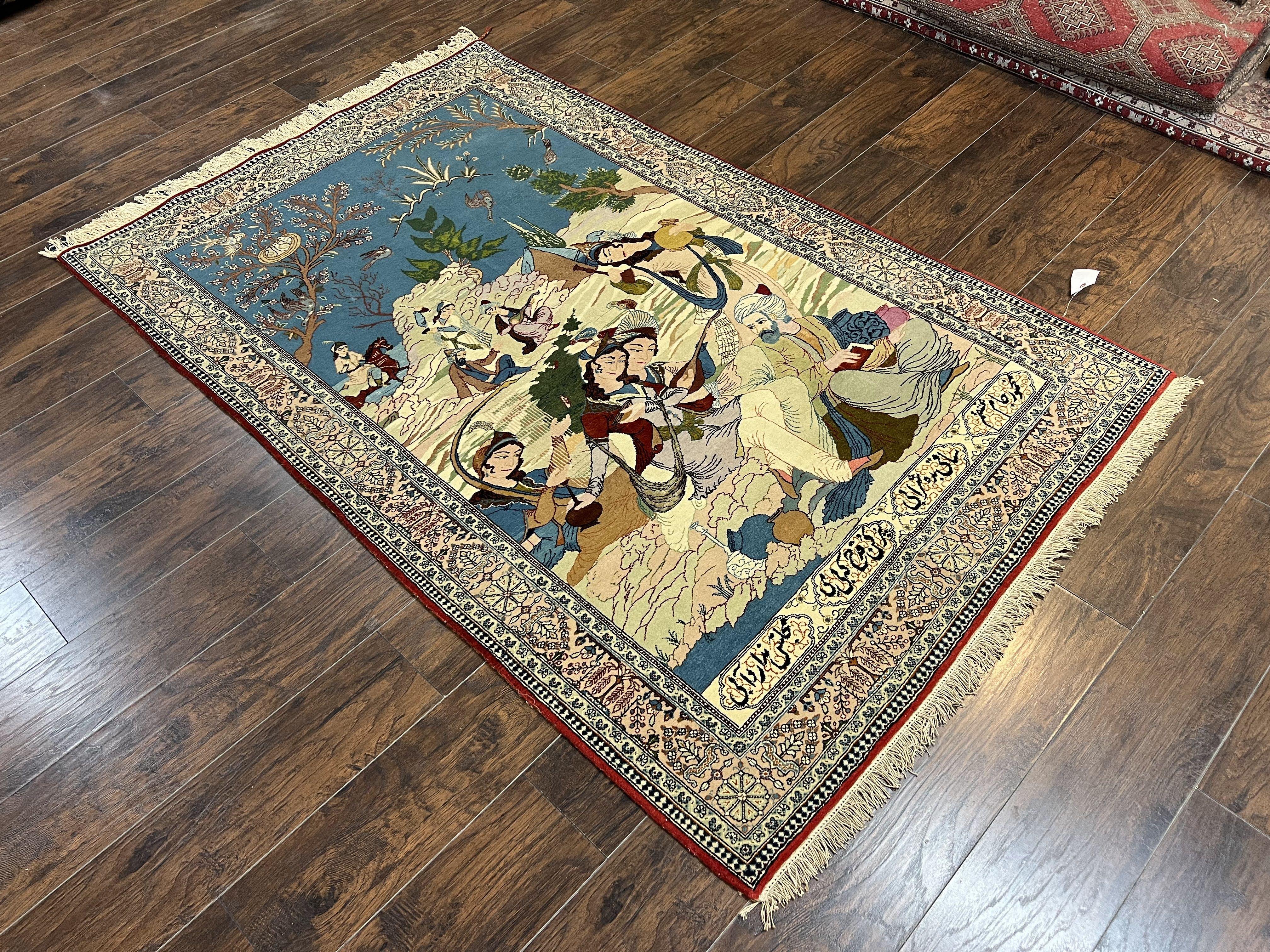 Vintage Persian Qum Pictorial Rug 5x7 - Wool & Silk - Jewel Rugs
