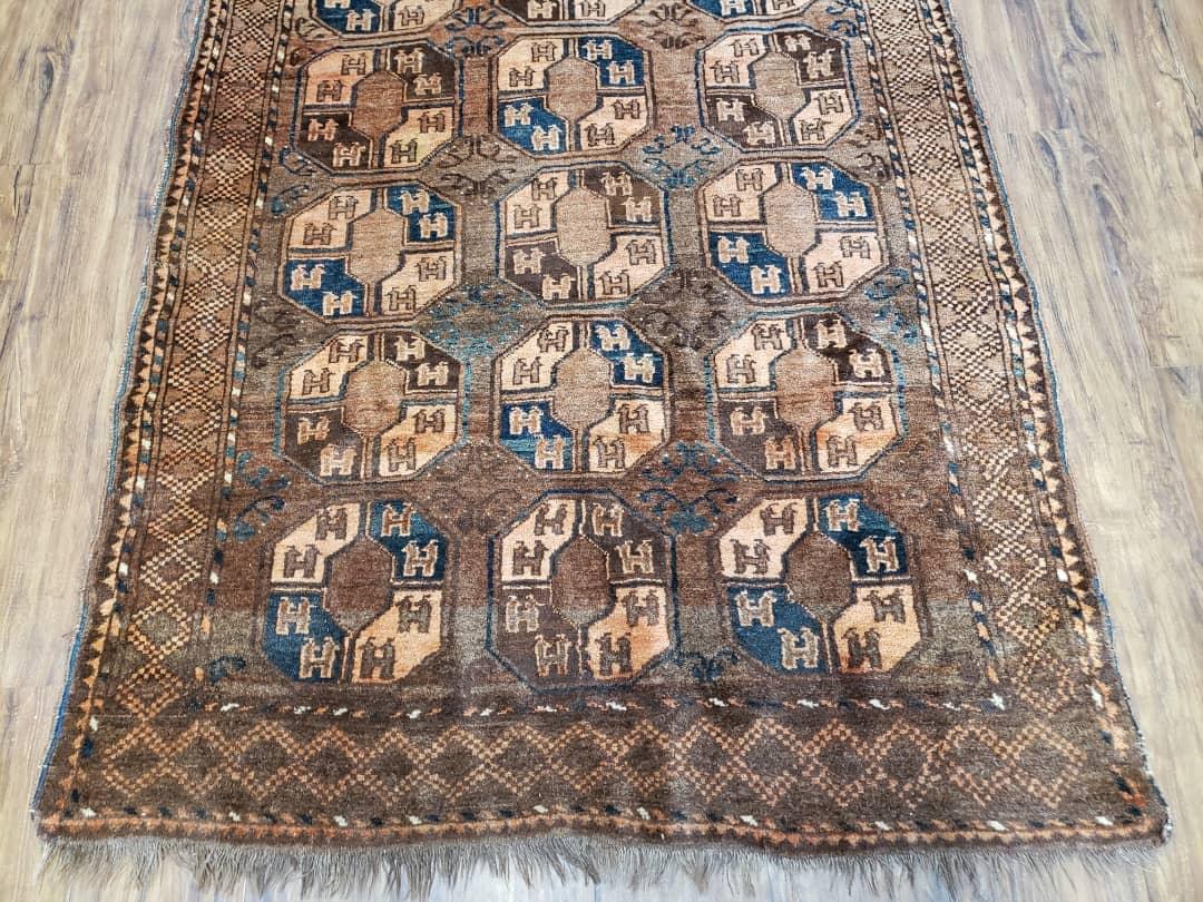 Antique Afghan Tribal Area Rug 4' x 7' 8", Afghanistan Bashir Oriental Carpet, Hand-Knotted Brown Vintage Rug, Wool on Wool Corridor Rug - Jewel Rugs