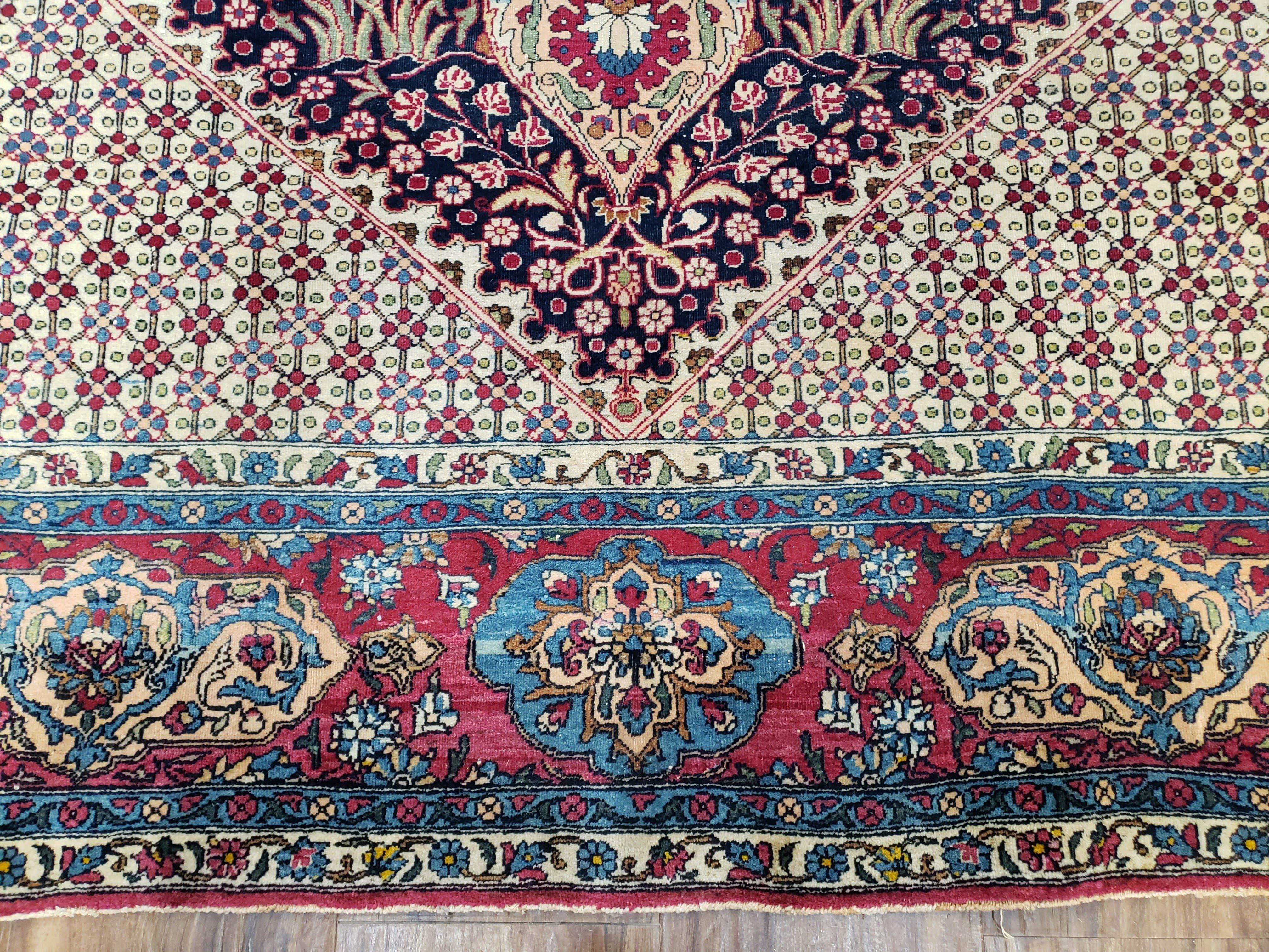 Semi Antique Persian Tehran Rug, Floral Design, Midnight Blue and Red, Hand-Knotted, Wool, 5' x 7' 9" - Jewel Rugs