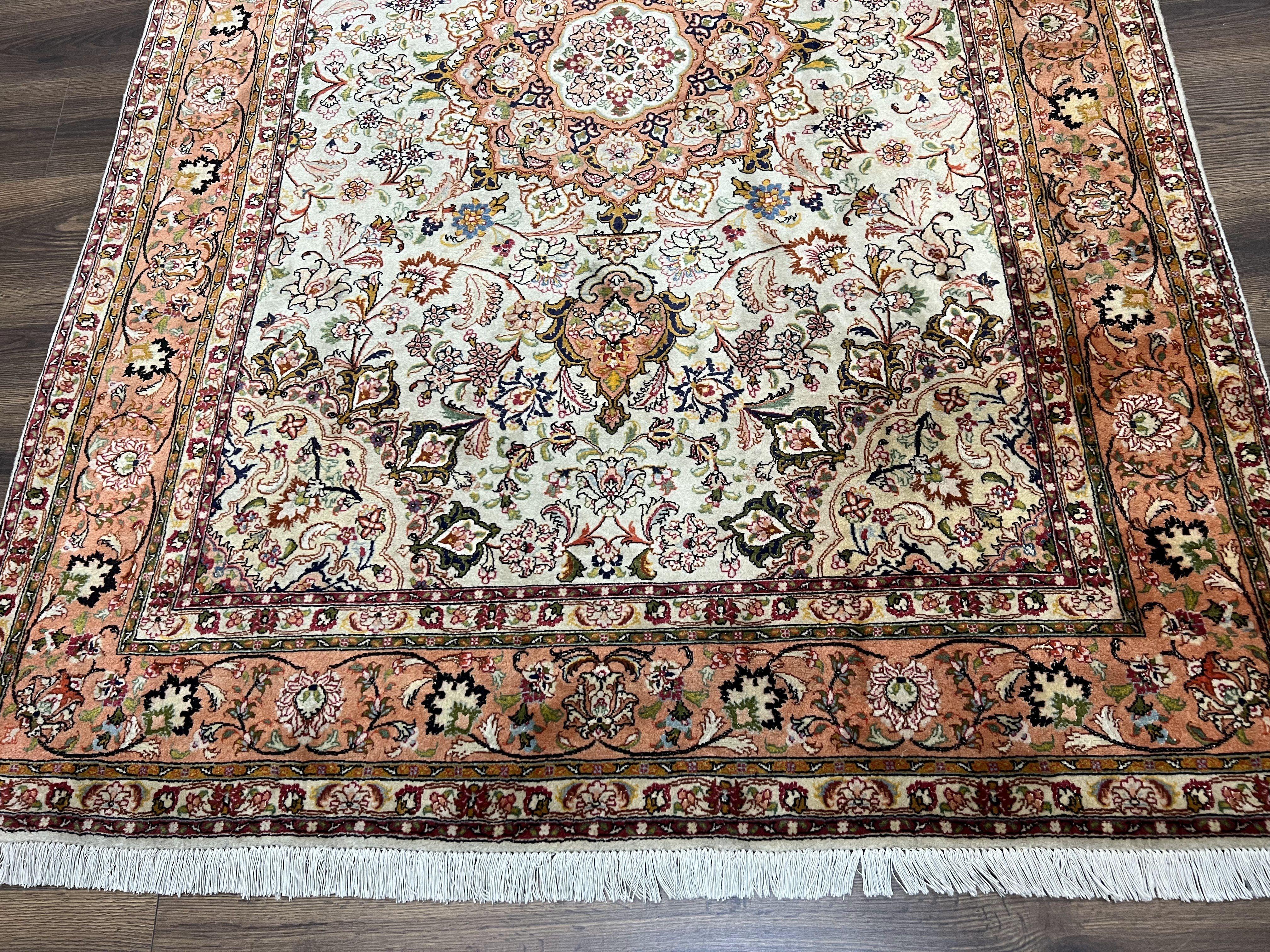 Stunning Persian Rug 5x7, Very Fine Authentic Persian Tabriz Carpet, 1960s Vintage Floral Medallion, Hand Knotted Wool Rug, Cream Salmon Gold - Jewel Rugs