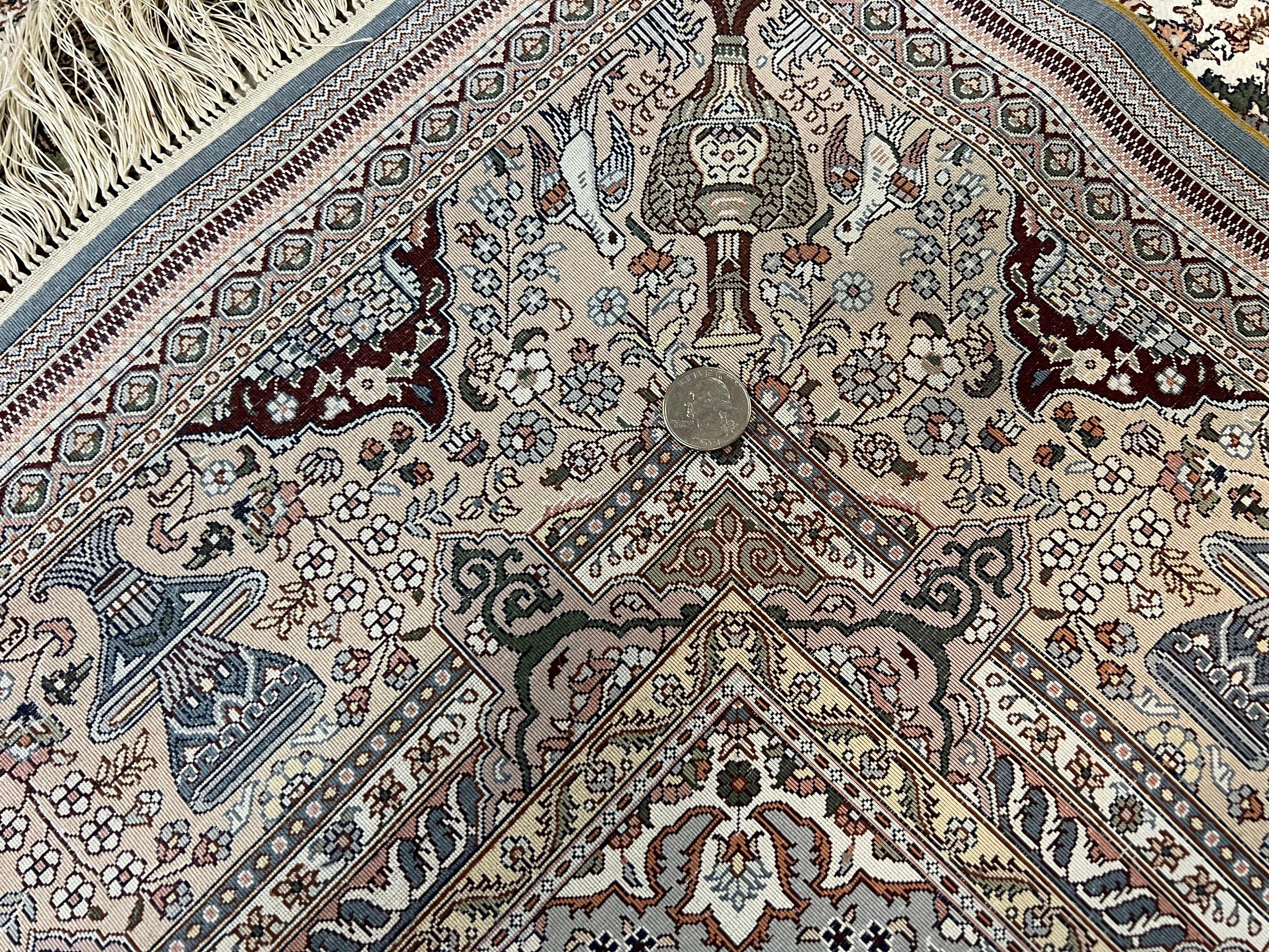 Very Fine Sino Persian Silk Rug 4x6, Floral Medallion, Hand Knotted, Silk Pile on Silk Foundation, Ivory, Vintage Handmade Oriental Carpet - Jewel Rugs